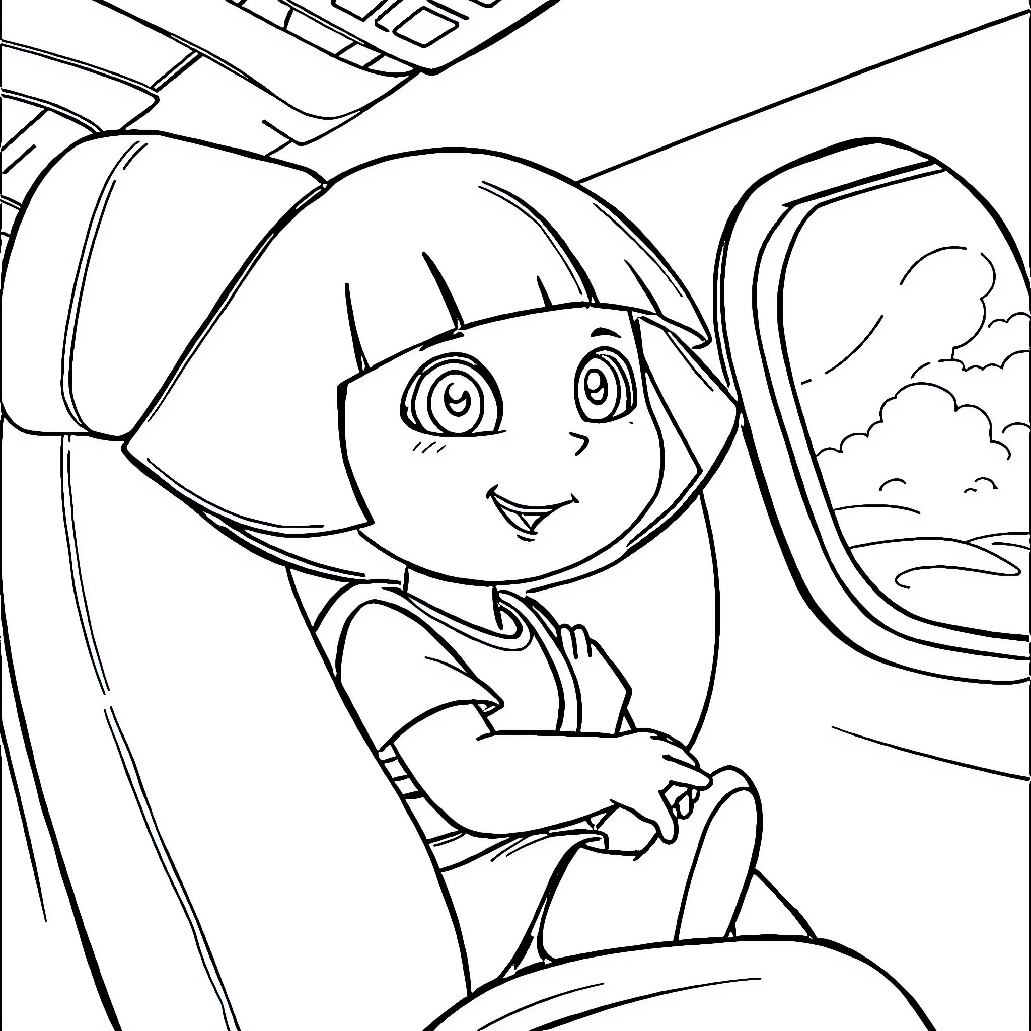 Dora Explores the World Through the Airplane Window Coloring Page (free black-and-white line drawing printable PDF for all, from beginners to advanced learners, including children, teens, adults, and seniors)