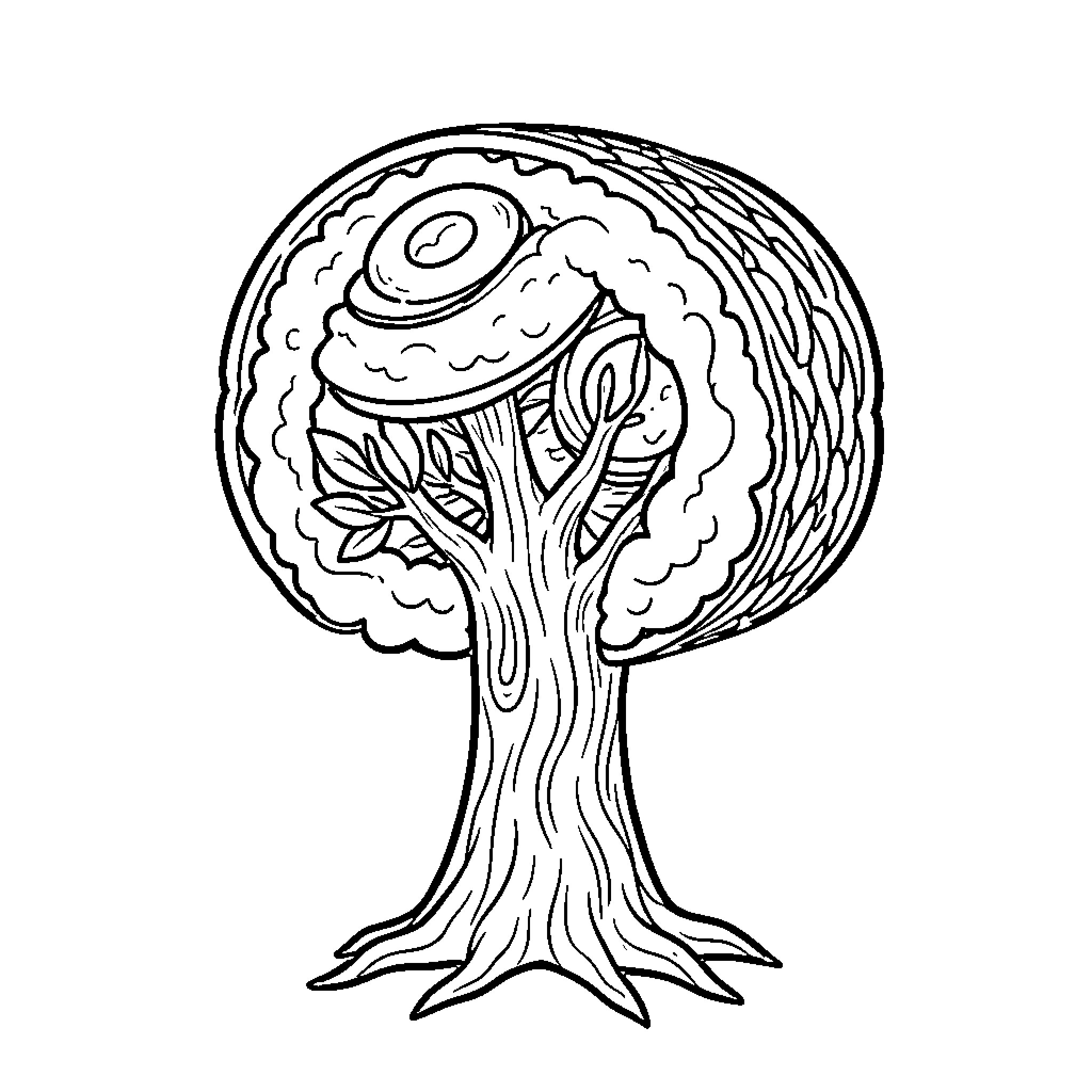 Tree growing out of a large doughnut Coloring Page (free black-and-white line drawing printable PDF for all, from beginners to advanced learners, including children, teens, adults, and seniors)