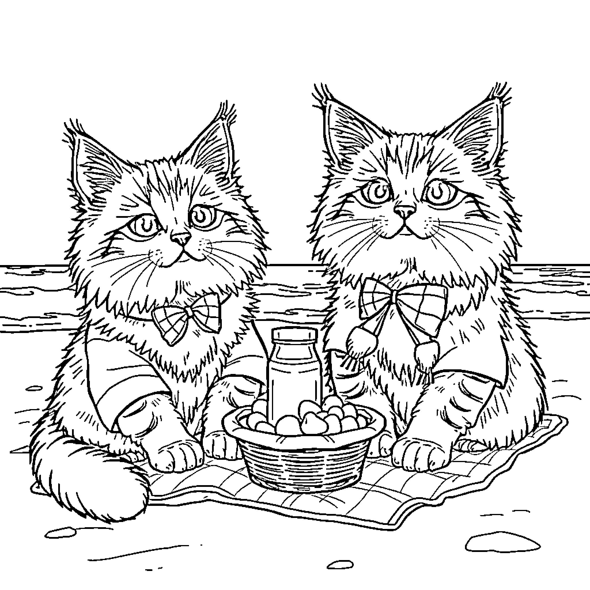 Maine Coon Cats Enjoying a Picnic Coloring Page (free black-and-white line drawing printable PDF for all, from beginners to advanced learners, including children, teens, adults, and seniors)