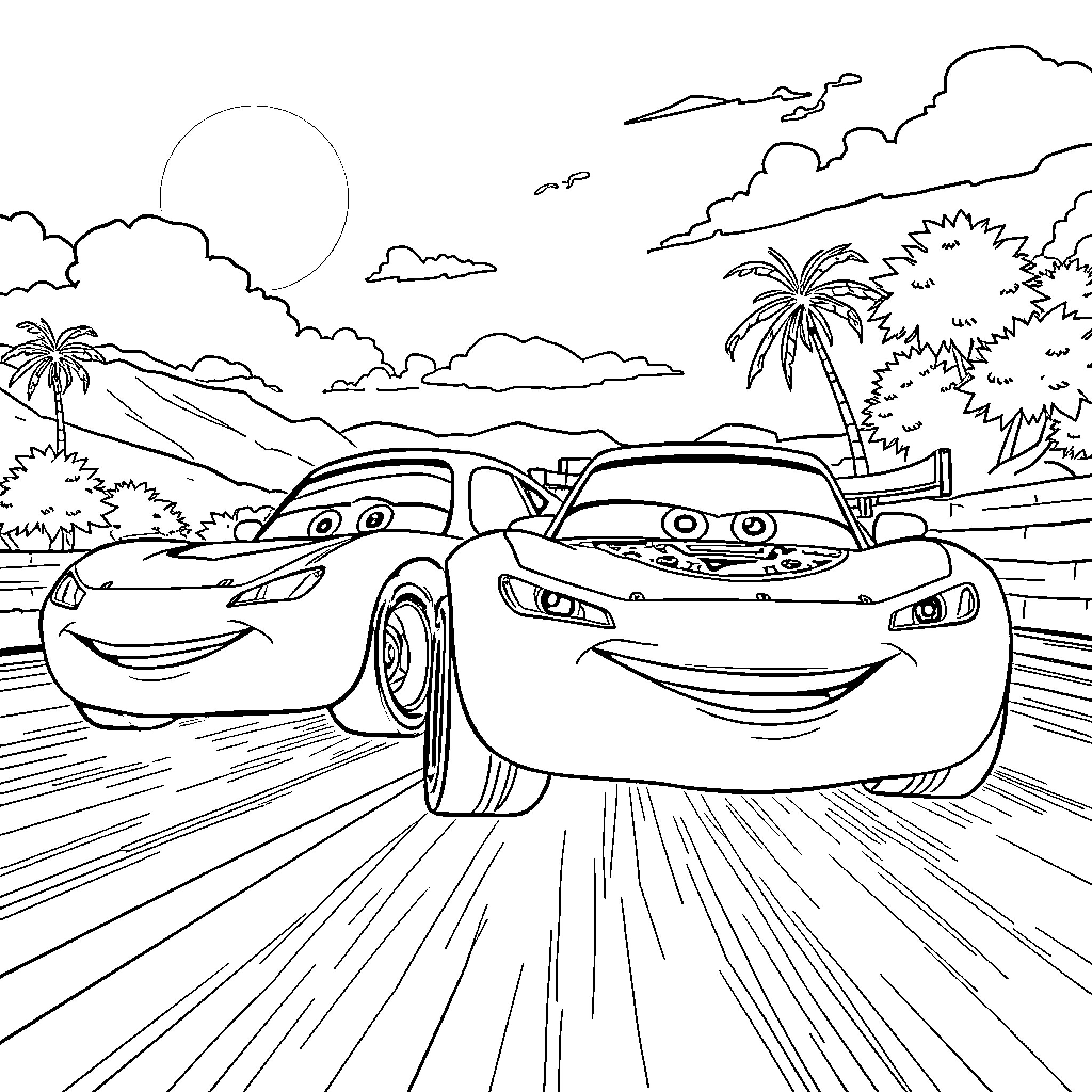 Cars racing happily on tropical road Coloring Page (free black-and-white line drawing printable PDF for all, from beginners to advanced learners, including children, teens, adults, and seniors)