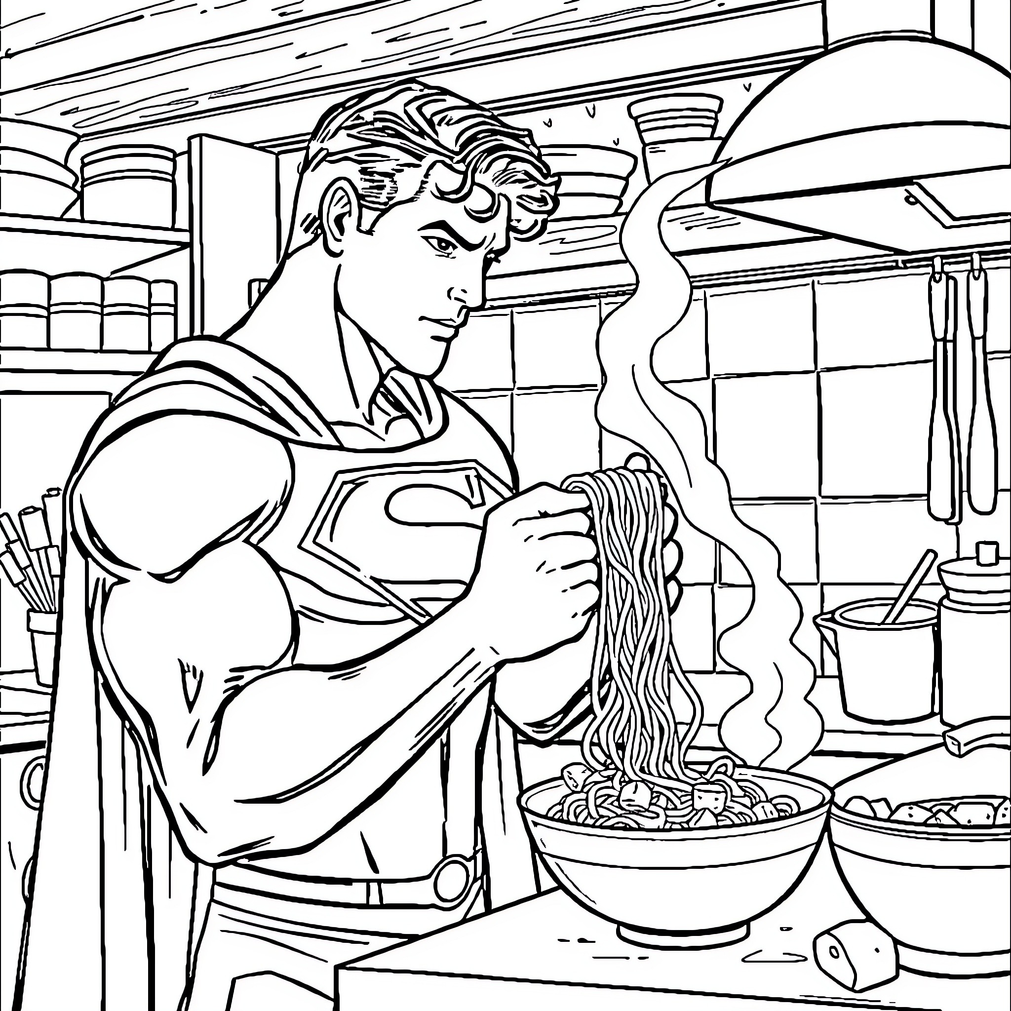 Superman Preparing a Hearty Meal in the Kitchen Coloring Page (free black-and-white line drawing printable PDF for all, from beginners to advanced learners, including children, teens, adults, and seniors)
