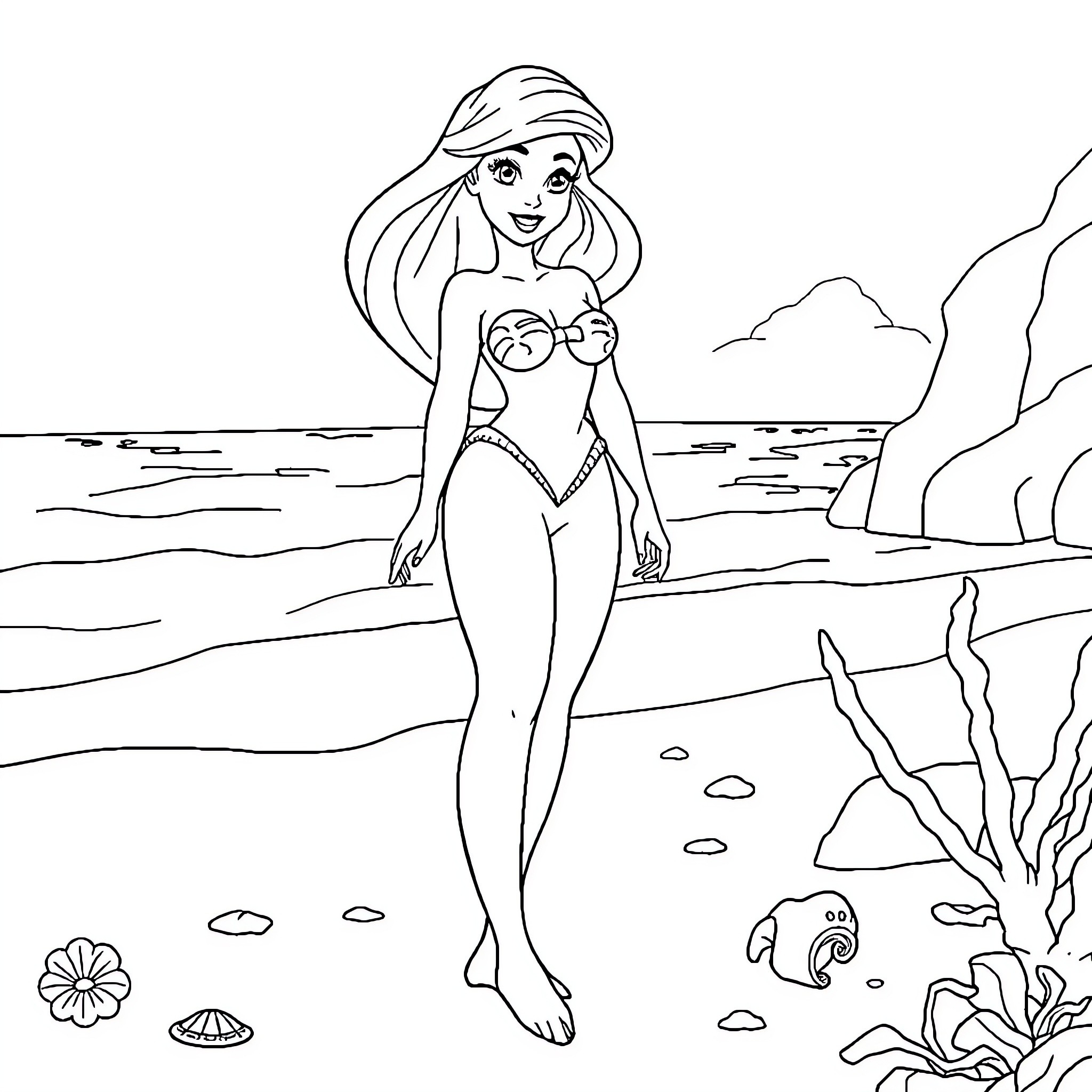 Princess Ariel exploring the underwater world Coloring Page (free black-and-white line drawing printable PDF for all, from beginners to advanced learners, including children, teens, adults, and seniors)