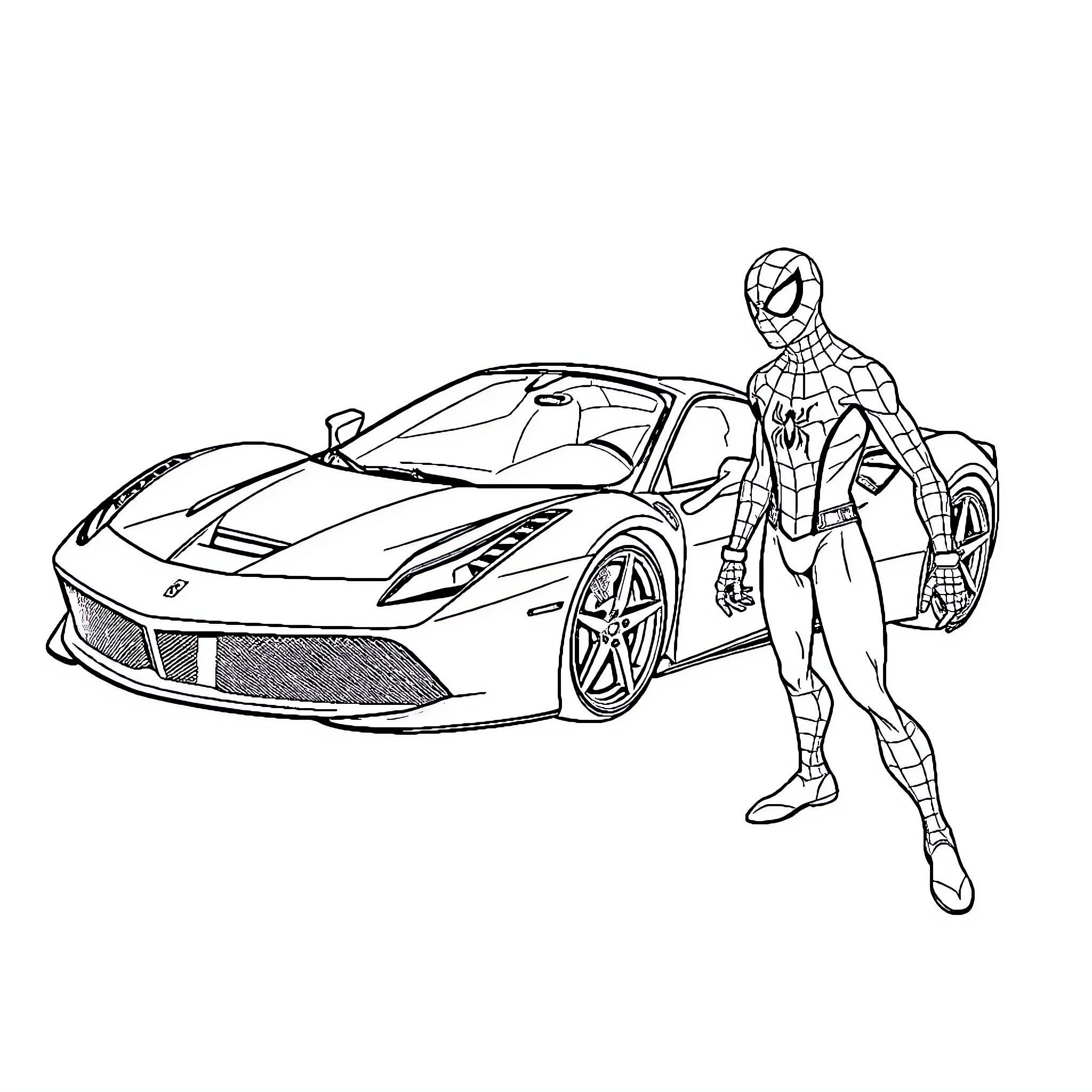 Ferrari superhero and sports car adventure Coloring Page (free black-and-white line drawing printable PDF for all, from beginners to advanced learners, including children, teens, adults, and seniors)