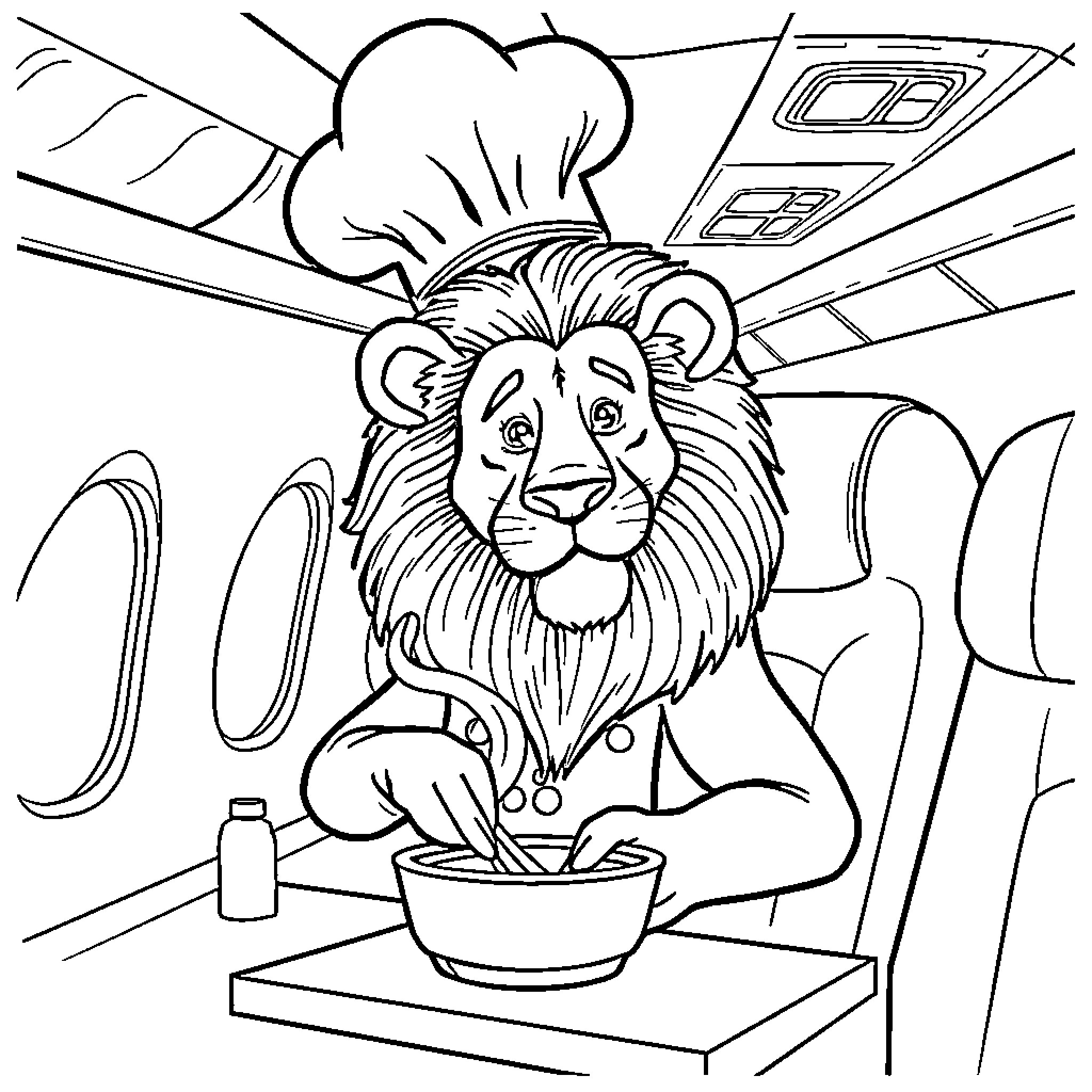 Lion chef cooking in airplane kitchen Coloring Page (free black-and-white line drawing printable PDF for all, from beginners to advanced learners, including children, teens, adults, and seniors)
