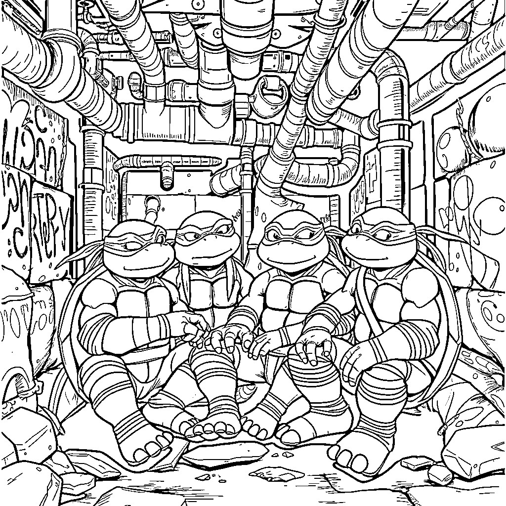 Teenage Mutant Ninja Turtle team in action-packed scene Coloring Page (free black-and-white line drawing printable PDF for all, from beginners to advanced learners, including children, teens, adults, and seniors)
