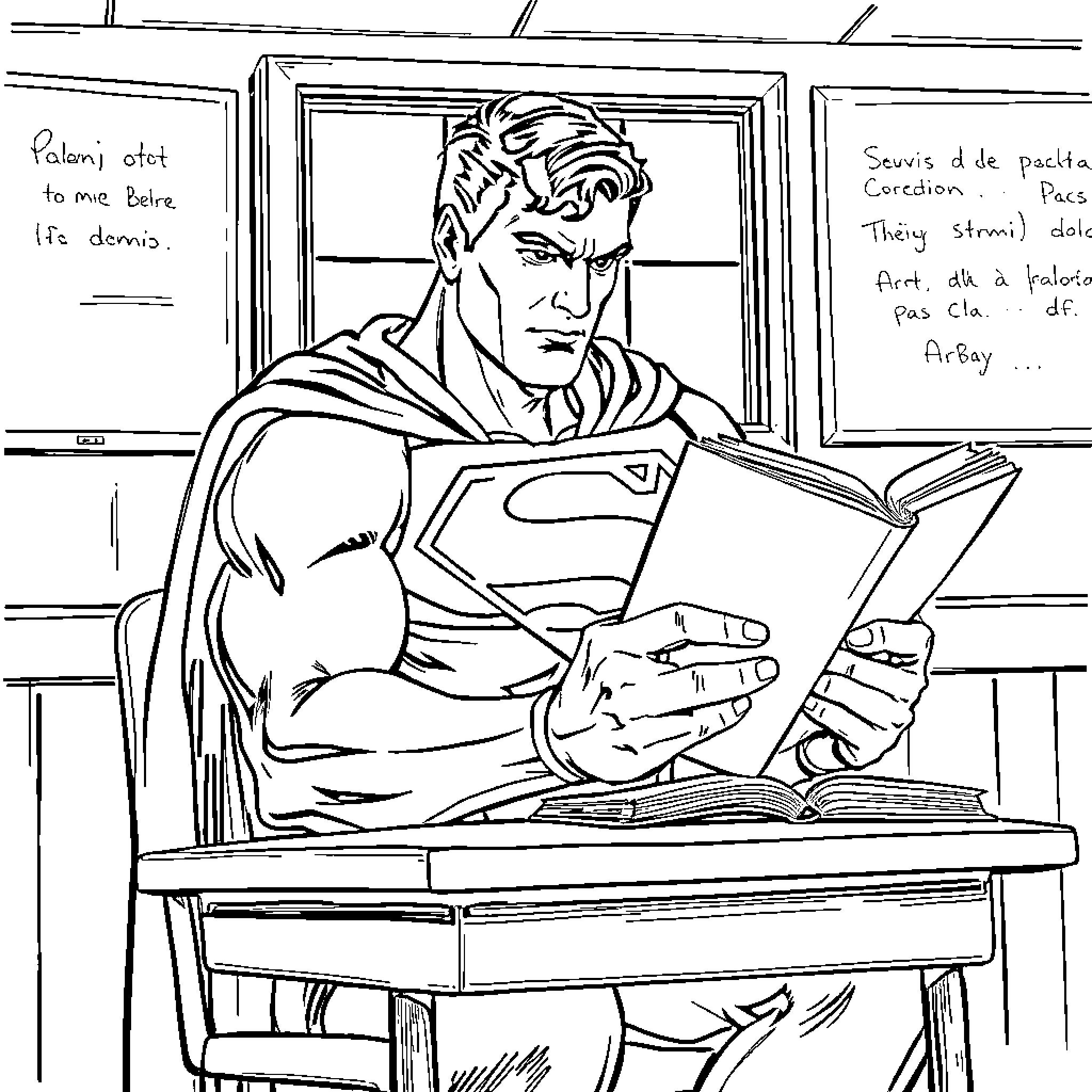 Superman reading a book in the office Coloring Page (free black-and-white line drawing printable PDF for all, from beginners to advanced learners, including children, teens, adults, and seniors)