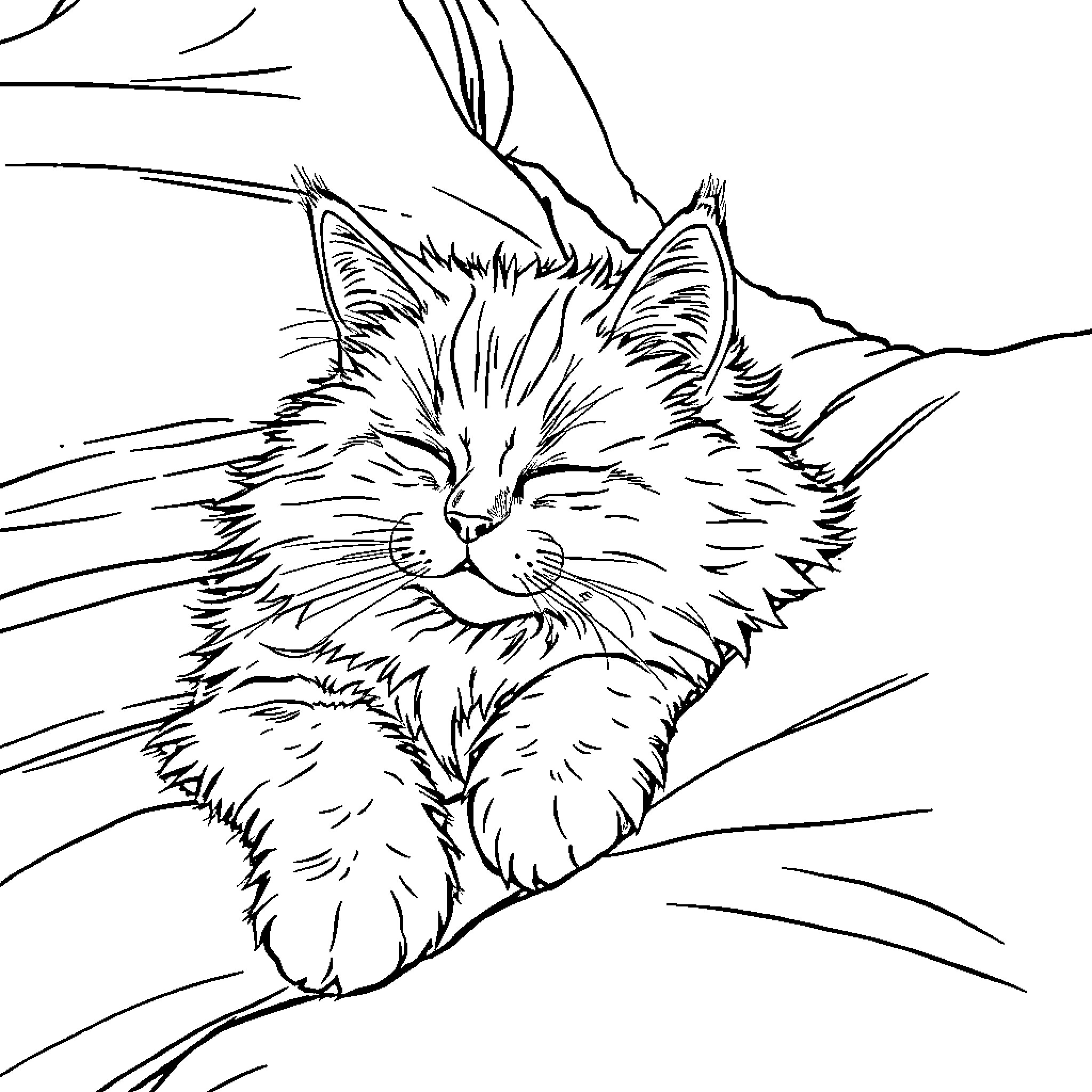 Cat napping peacefully in the wild Coloring Page (free black-and-white line drawing printable PDF for all, from beginners to advanced learners, including children, teens, adults, and seniors)