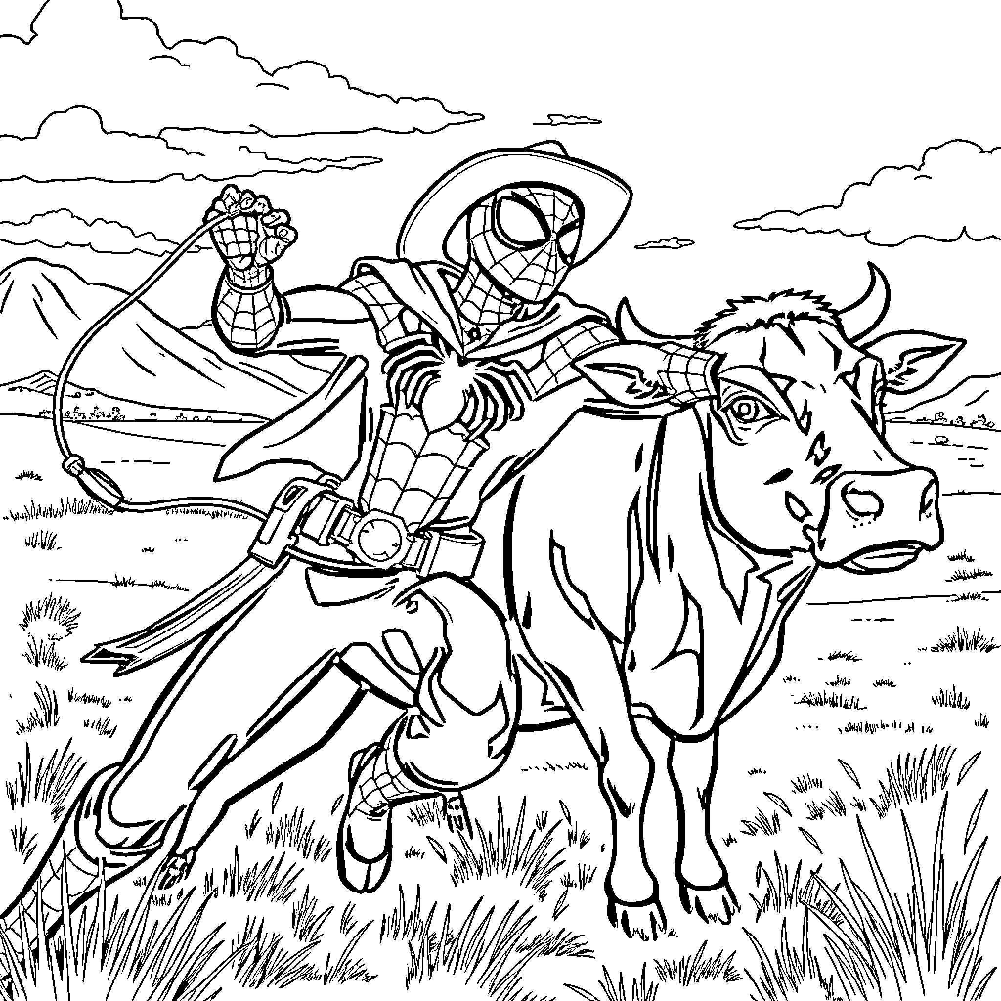 Spiderman riding a cow across the countryside Coloring Page (free black-and-white line drawing printable PDF for all, from beginners to advanced learners, including children, teens, adults, and seniors)
