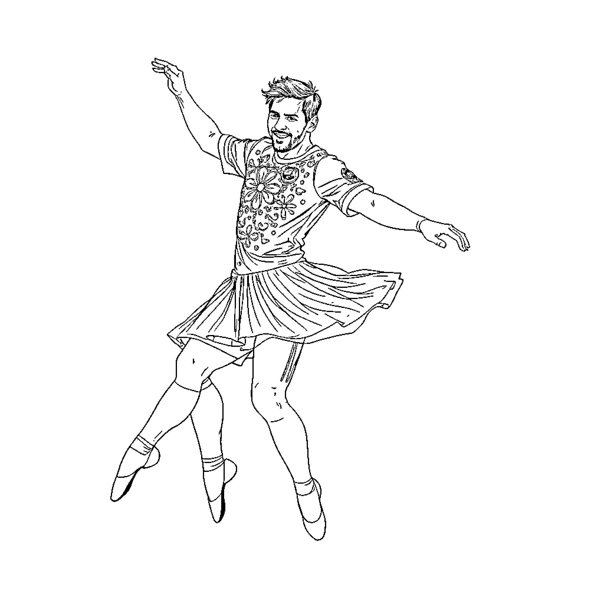 Lionel Messi performing a lively dance routine Coloring Page (free black-and-white line drawing printable PDF for all, from beginners to advanced learners, including children, teens, adults, and seniors)