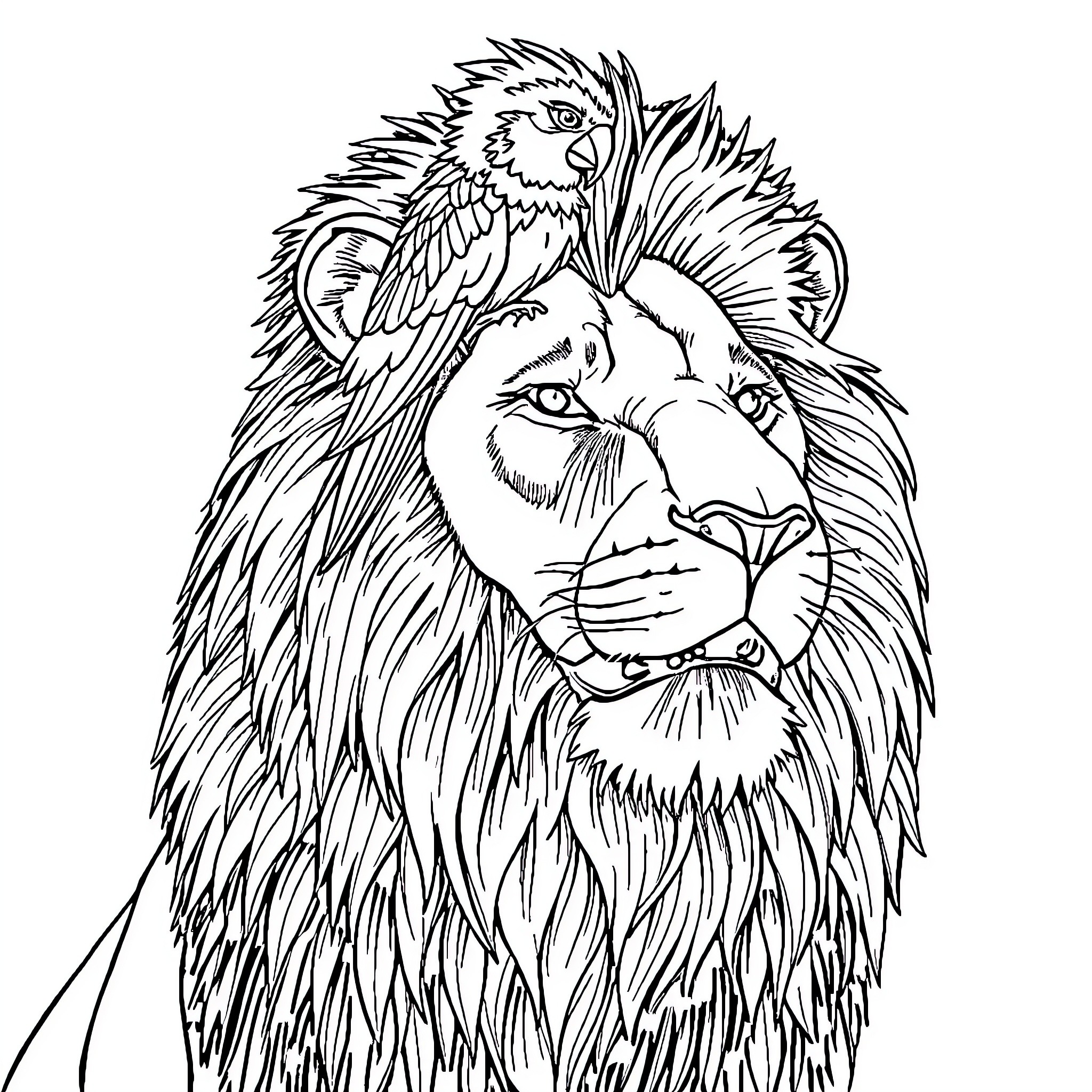 Bird perched atop a majestic lion Coloring Page (free black-and-white line drawing printable PDF for all, from beginners to advanced learners, including children, teens, adults, and seniors)