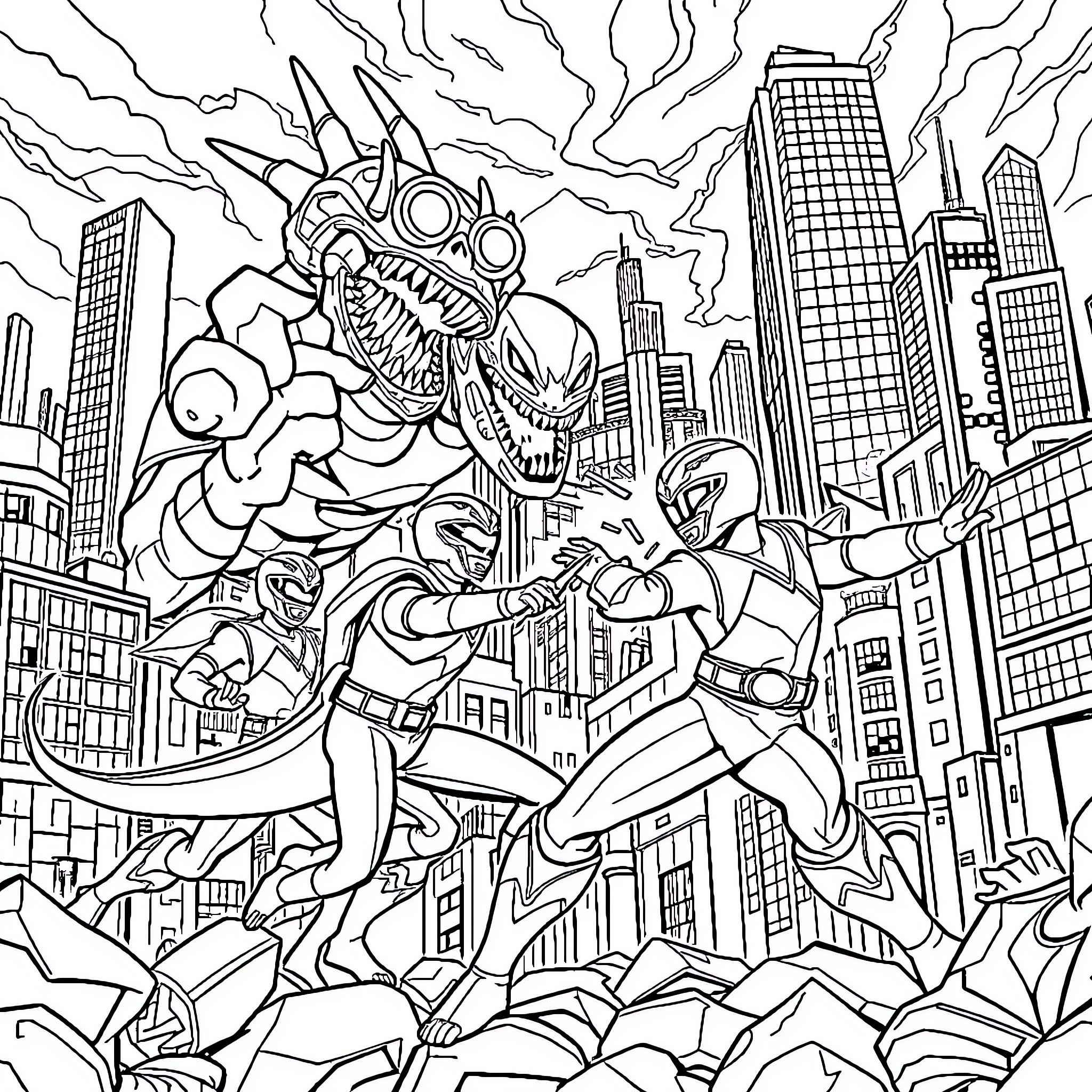 Dino Monster Battles Superheroes in the City Coloring Page (free black-and-white line drawing printable PDF for all, from beginners to advanced learners, including children, teens, adults, and seniors)