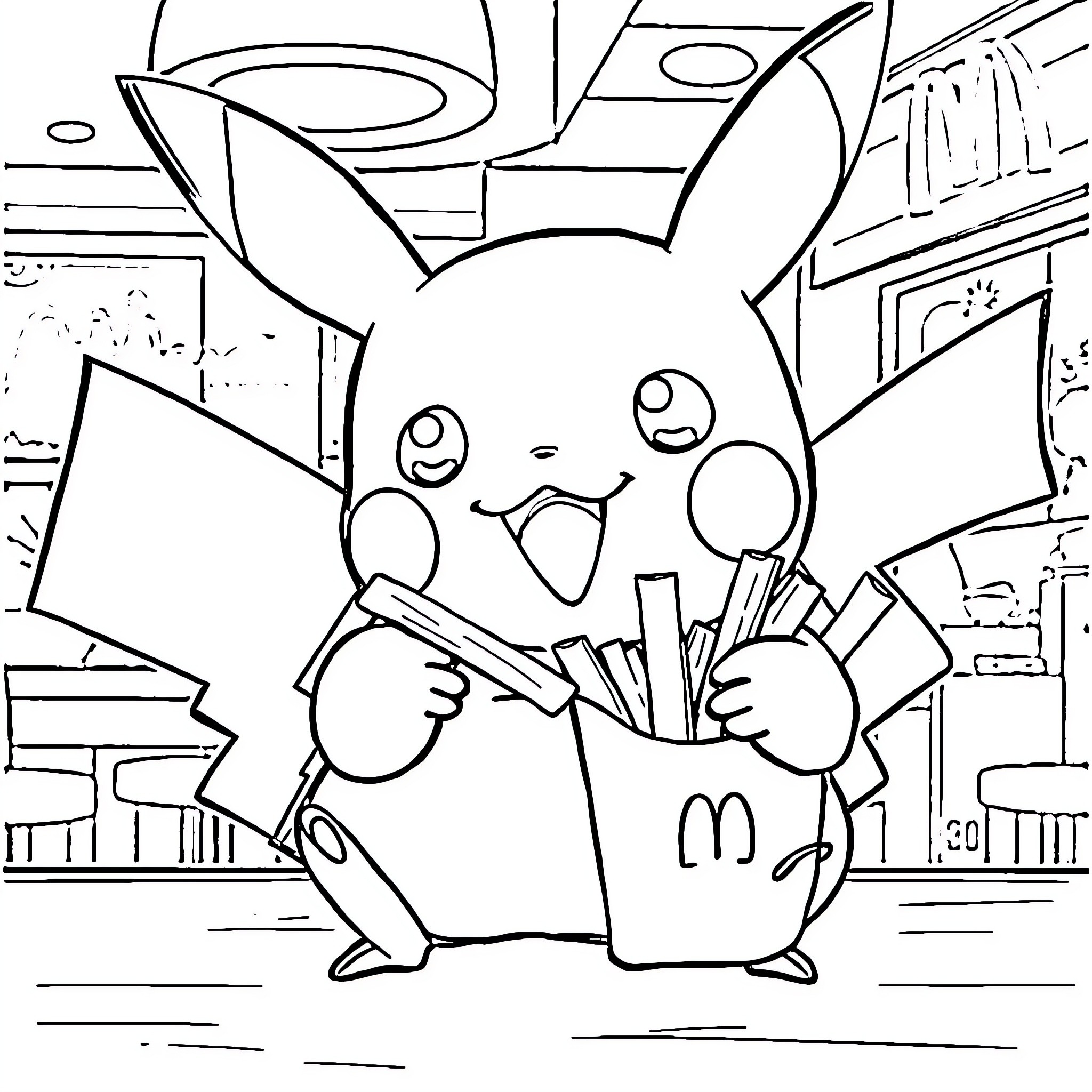 Pikachu Enjoying a Snack in the City Coloring Page (free black-and-white line drawing printable PDF for all, from beginners to advanced learners, including children, teens, adults, and seniors)