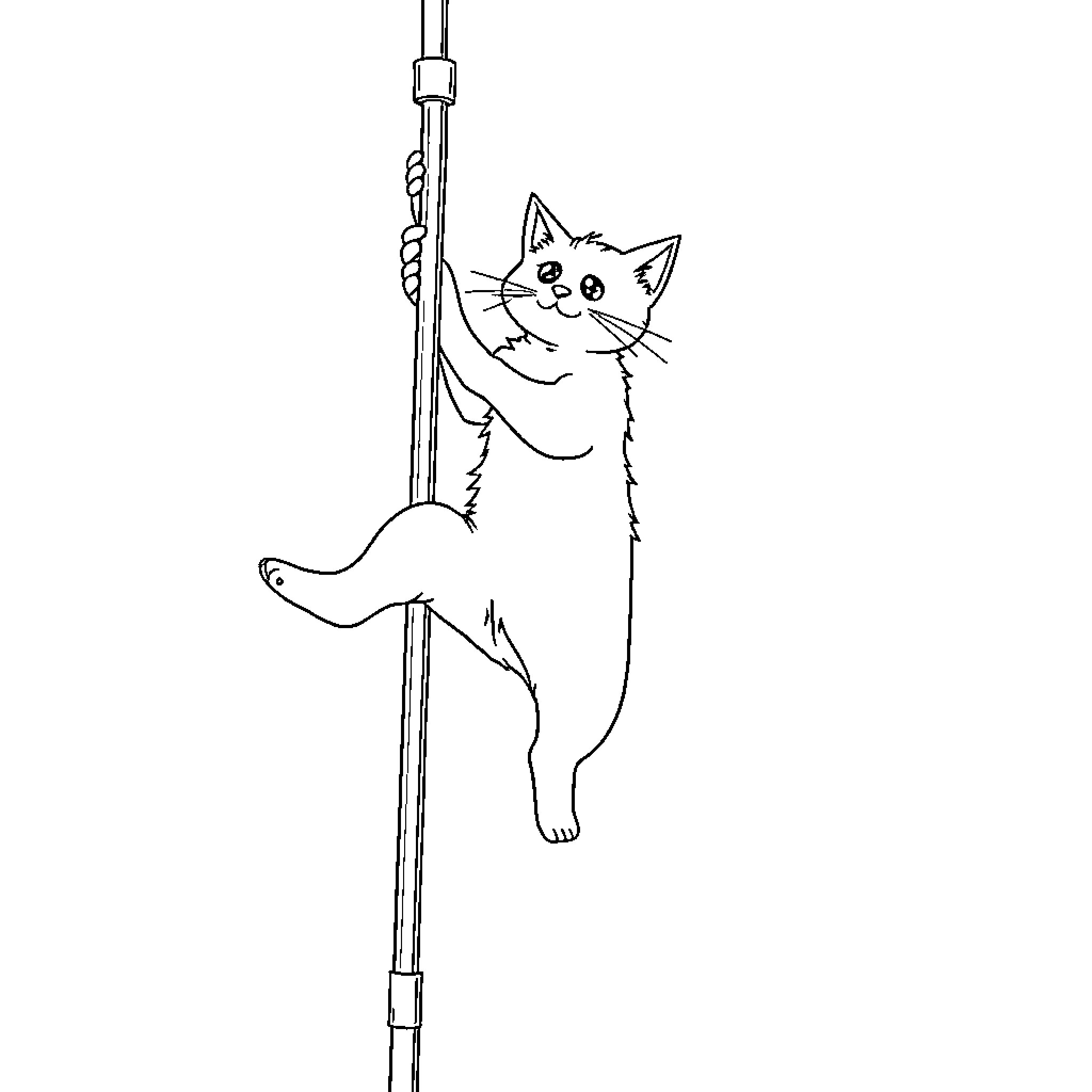 Cat climbing up a vertical pole Coloring Page (free black-and-white line drawing printable PDF for all, from beginners to advanced learners, including children, teens, adults, and seniors)