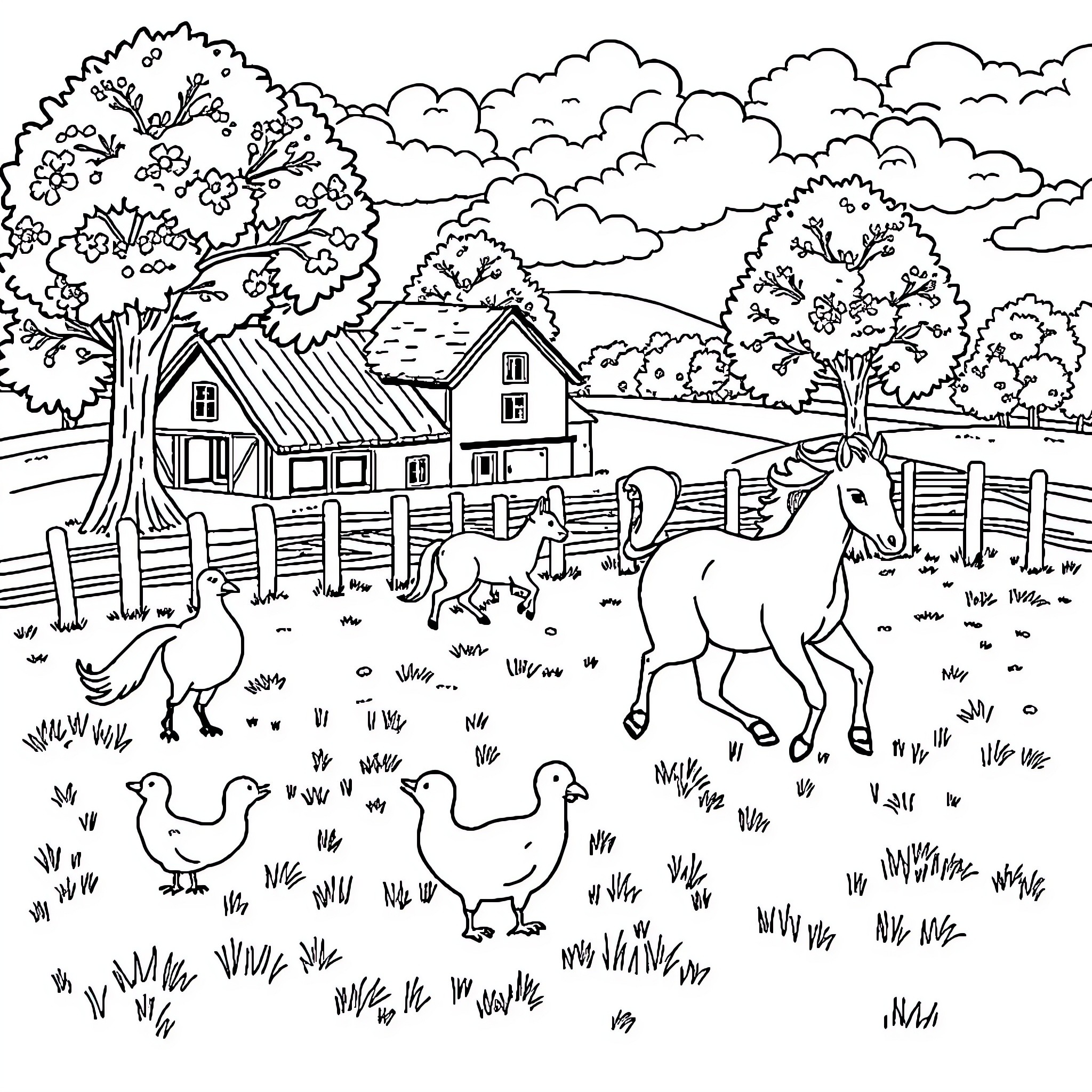 Farm scene with animals and houses Coloring Page (free black-and-white line drawing printable PDF for all, from beginners to advanced learners, including children, teens, adults, and seniors)