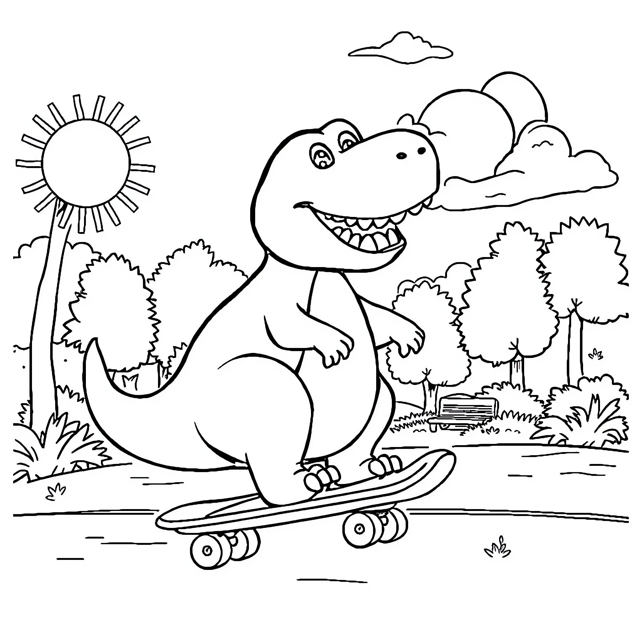 Barney the Dinosaur Skateboarding in Nature Coloring Page (free black-and-white line drawing printable PDF for all, from beginners to advanced learners, including children, teens, adults, and seniors)