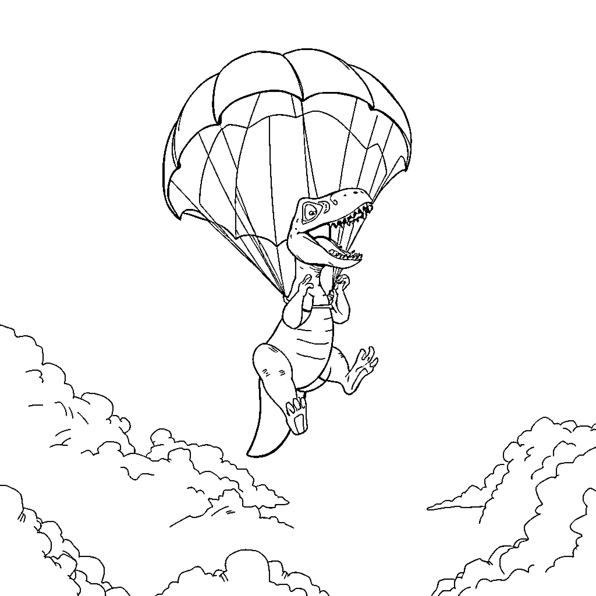 T-Rex skydiving with parachute in the clouds Coloring Page (free black-and-white line drawing printable PDF for all, from beginners to advanced learners, including children, teens, adults, and seniors)