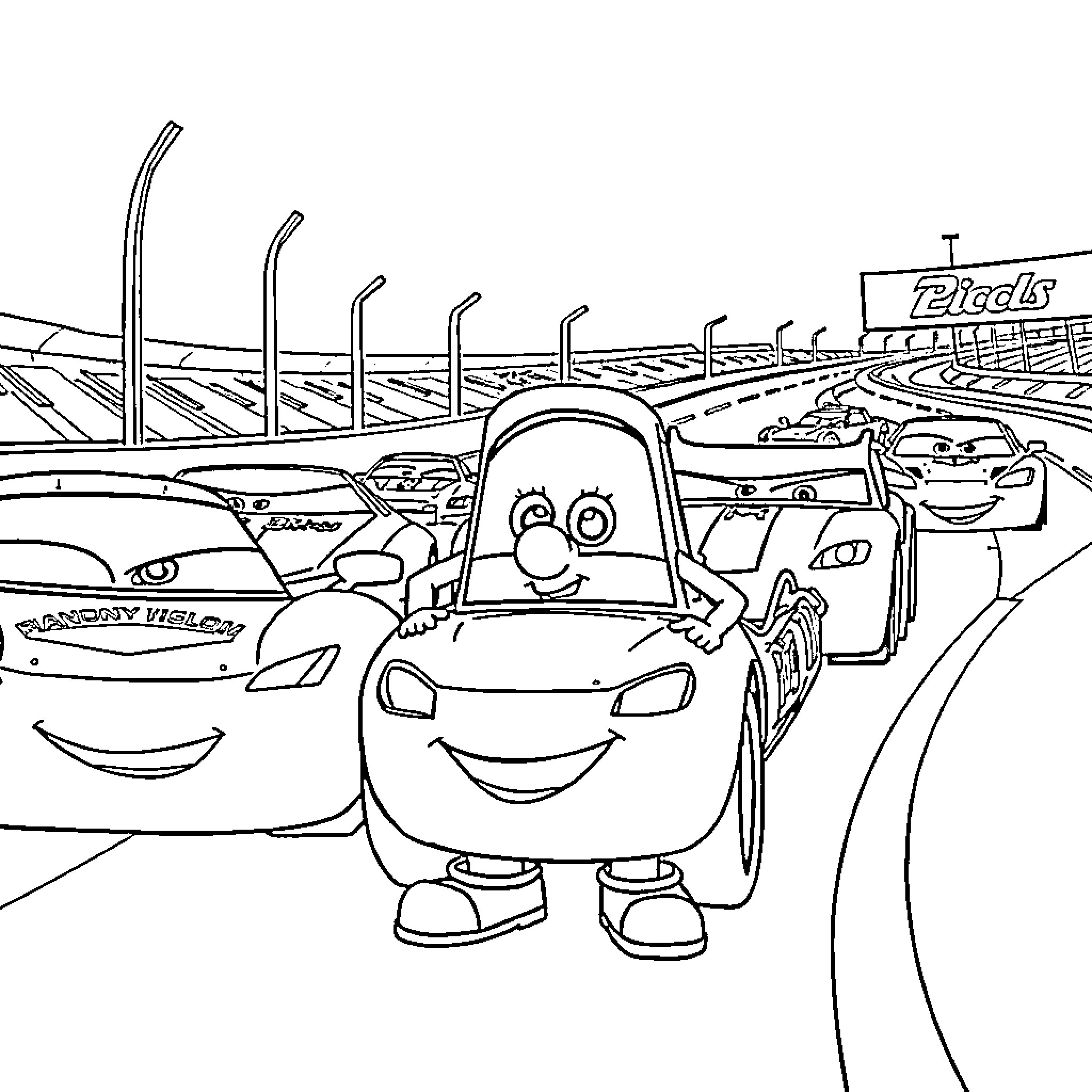 Frank's Amusing Car Race Adventure Coloring Page (free black-and-white line drawing printable PDF for all, from beginners to advanced learners, including children, teens, adults, and seniors)