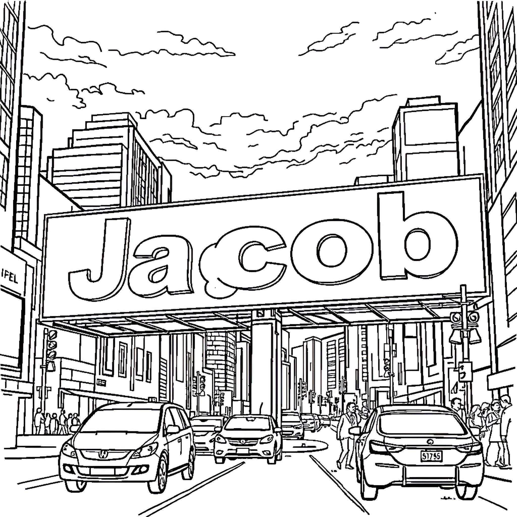 Jacob visits the busy city street Coloring Page (free black-and-white line drawing printable PDF for all, from beginners to advanced learners, including children, teens, adults, and seniors)