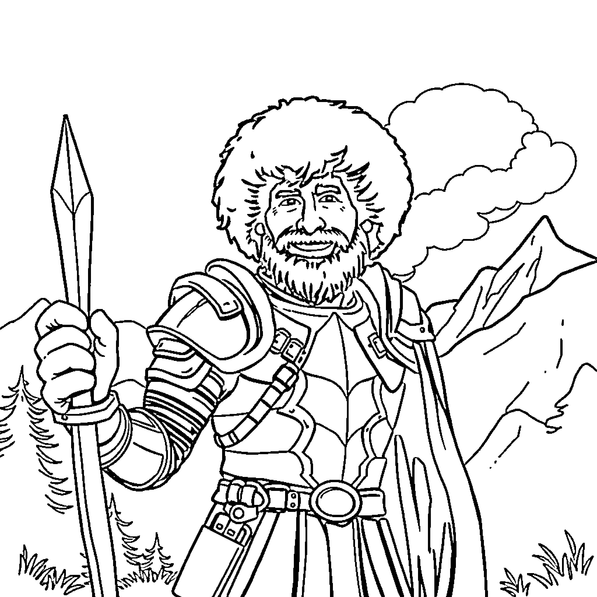 Bob Ross painting outdoors with wilderness scenery Coloring Page (free black-and-white line drawing printable PDF for all, from beginners to advanced learners, including children, teens, adults, and seniors)