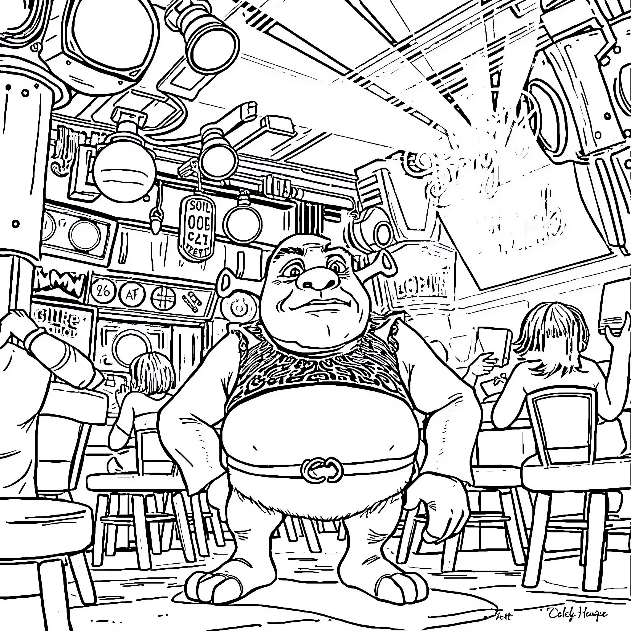 Shrek's Chaotic Workshop Coloring Page (free black-and-white line drawing printable PDF for all, from beginners to advanced learners, including children, teens, adults, and seniors)