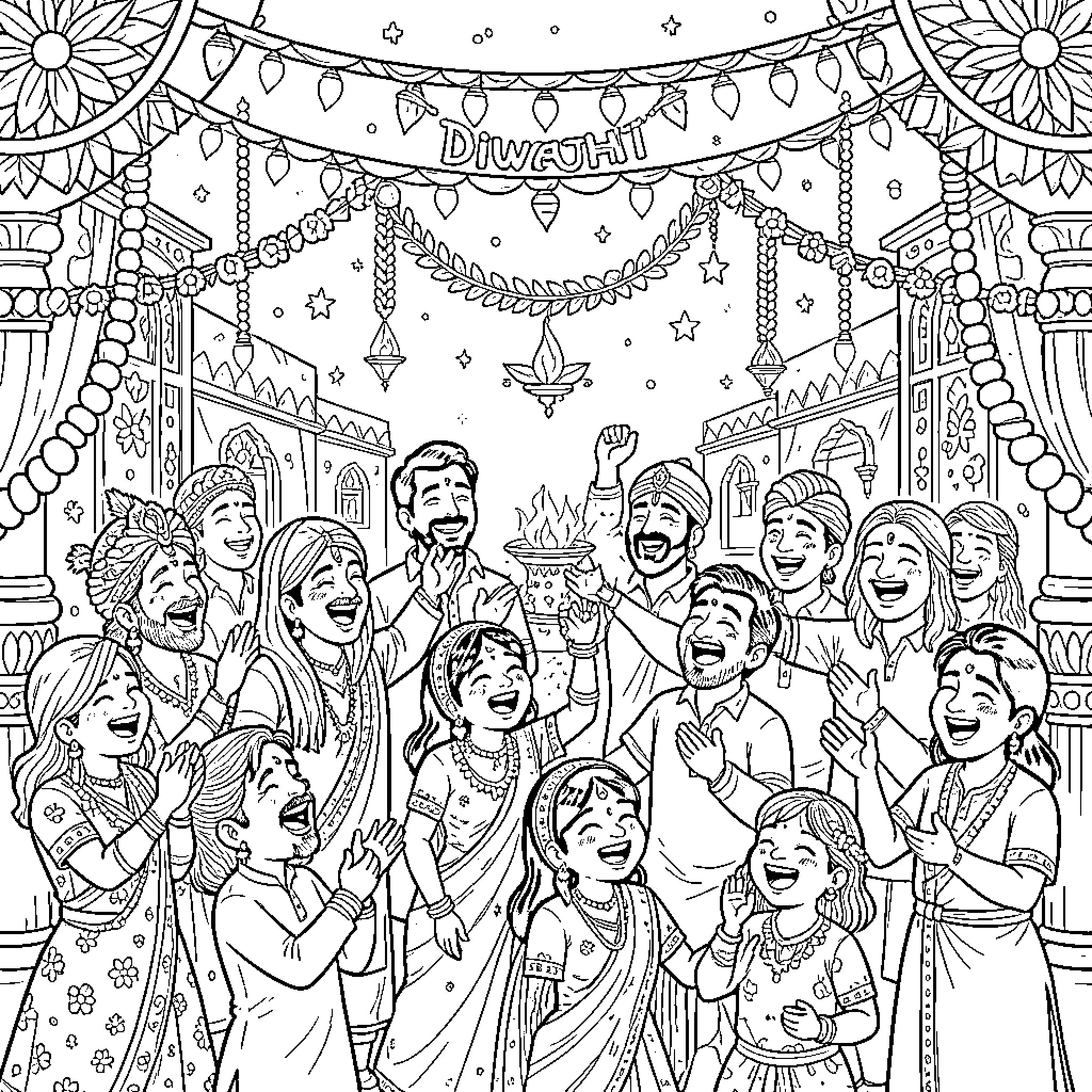 Diwali celebration with joyful people and decorations Coloring Page (free black-and-white line drawing printable PDF for all, from beginners to advanced learners, including children, teens, adults, and seniors)