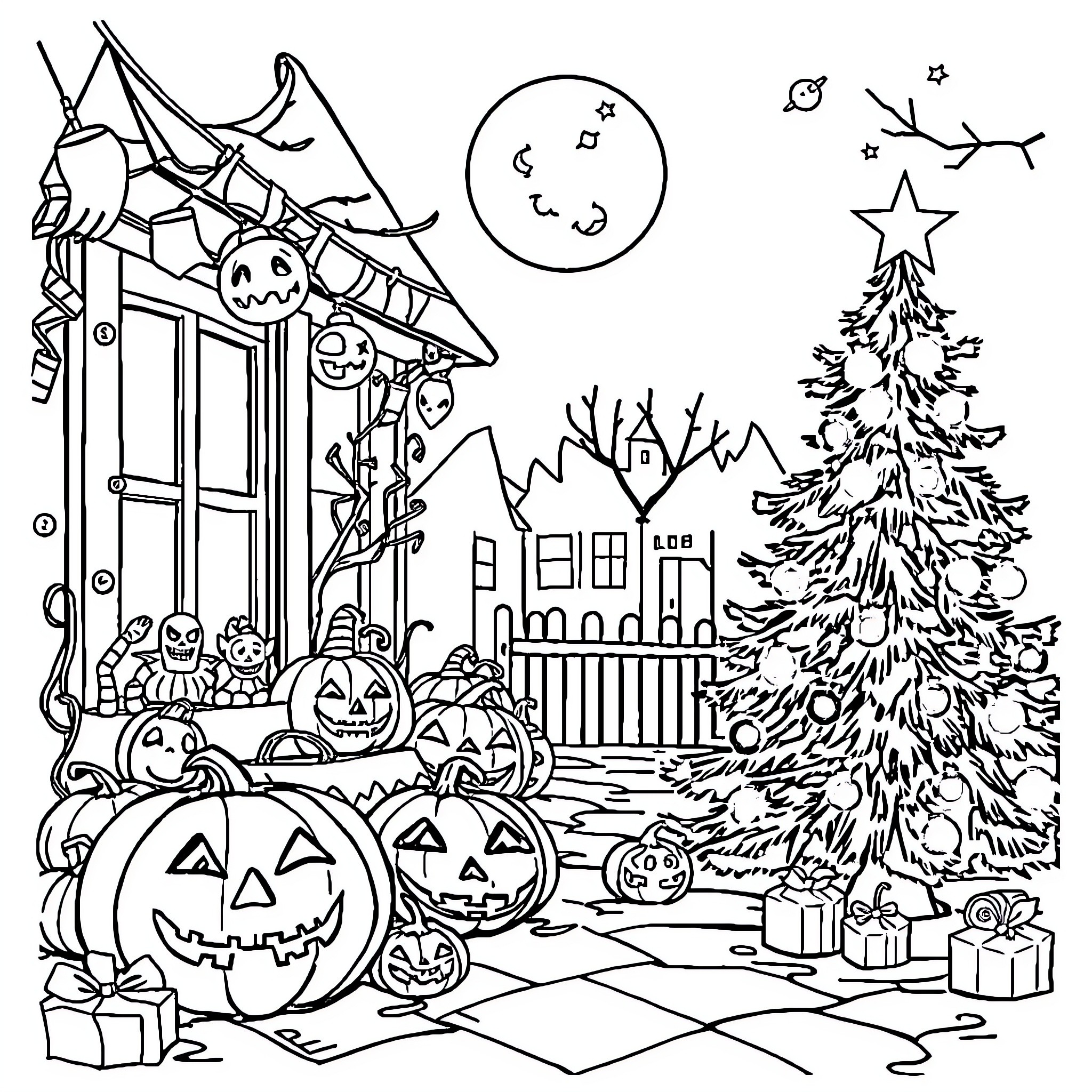 Halloween Night Landscape with Pumpkins and Decorations Coloring Page (free black-and-white line drawing printable PDF for all, from beginners to advanced learners, including children, teens, adults, and seniors)