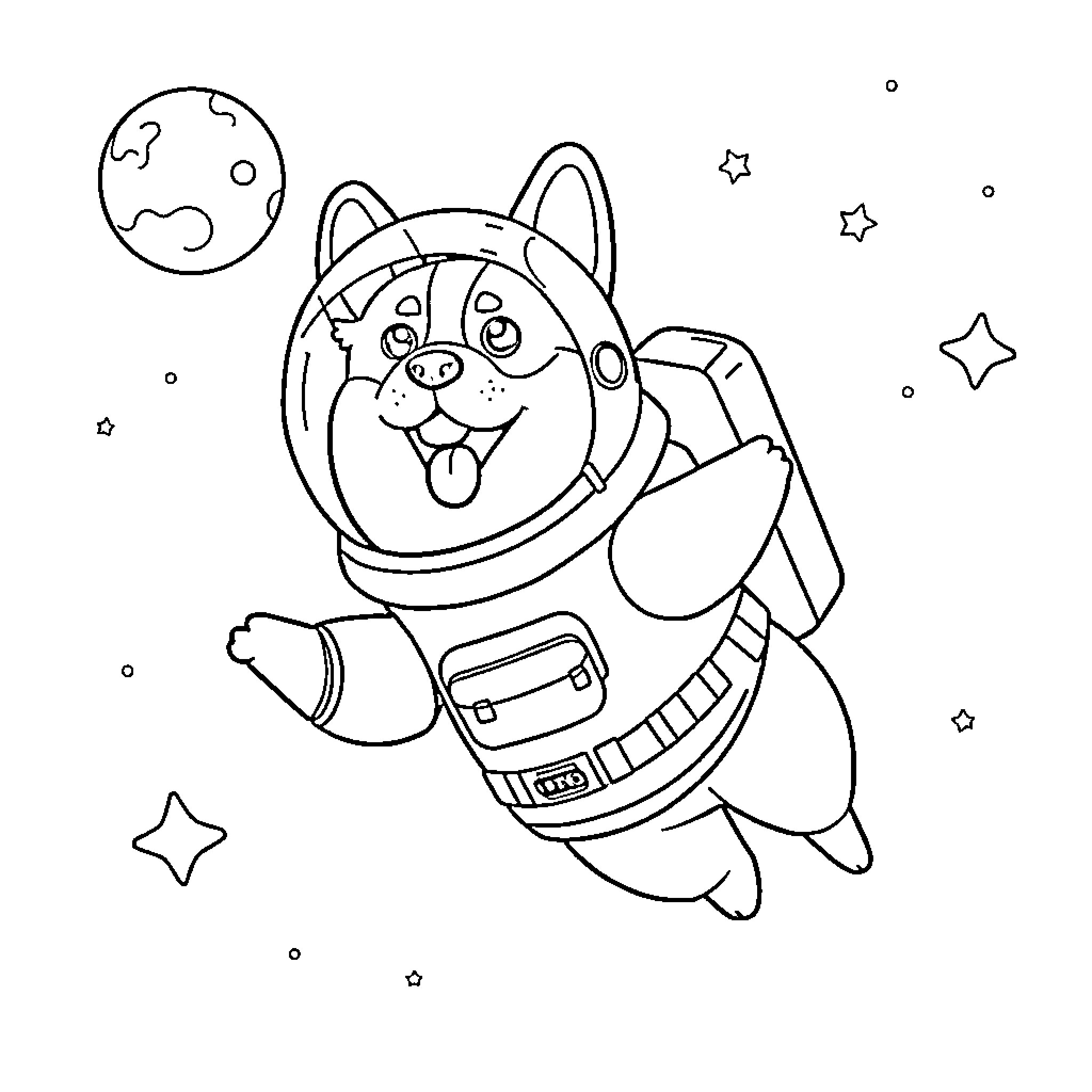 Corgi exploring space in astronaut suit Coloring Page (free black-and-white line drawing printable PDF for all, from beginners to advanced learners, including children, teens, adults, and seniors)