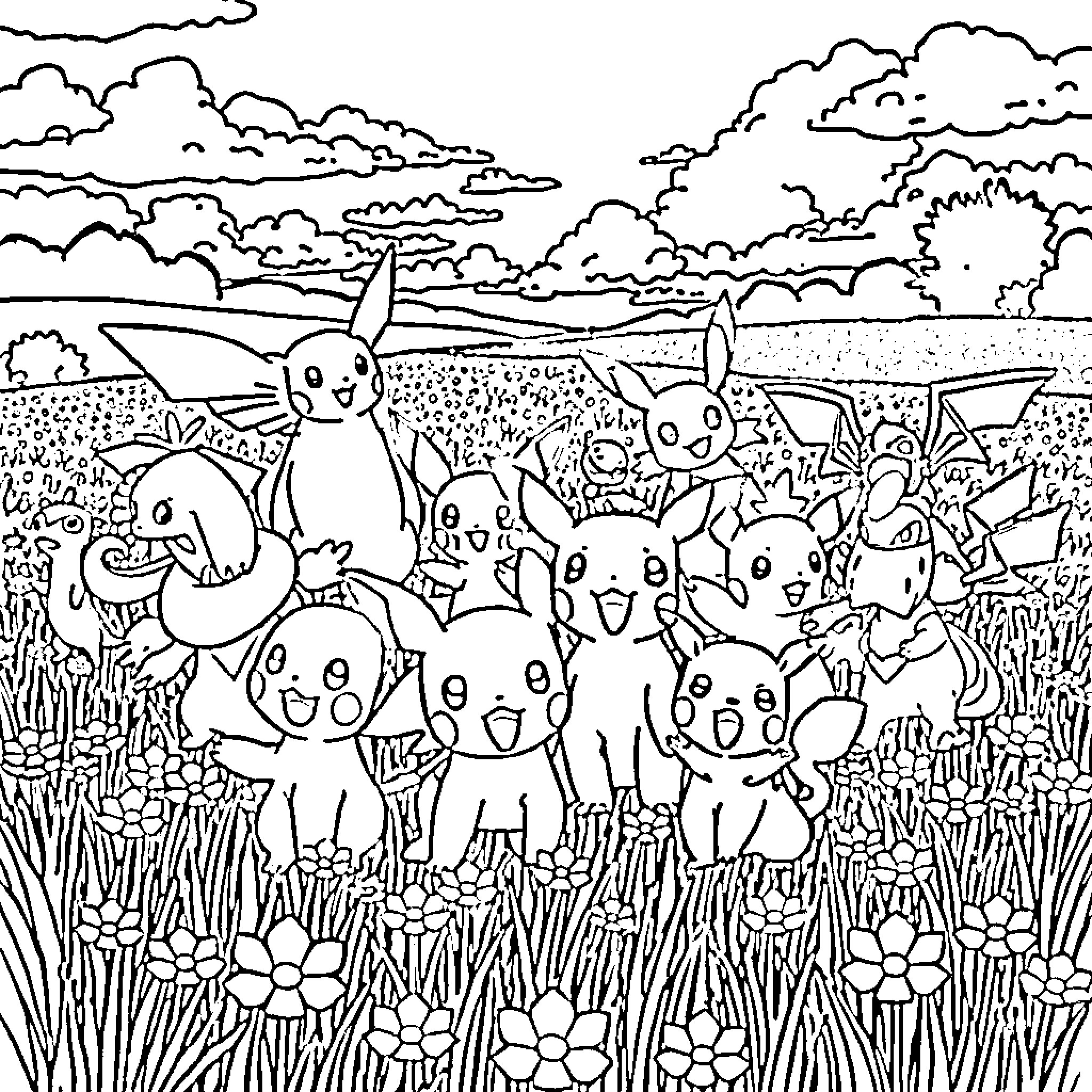Pokémon characters happily gathered in a field Coloring Page (free black-and-white line drawing printable PDF for all, from beginners to advanced learners, including children, teens, adults, and seniors)