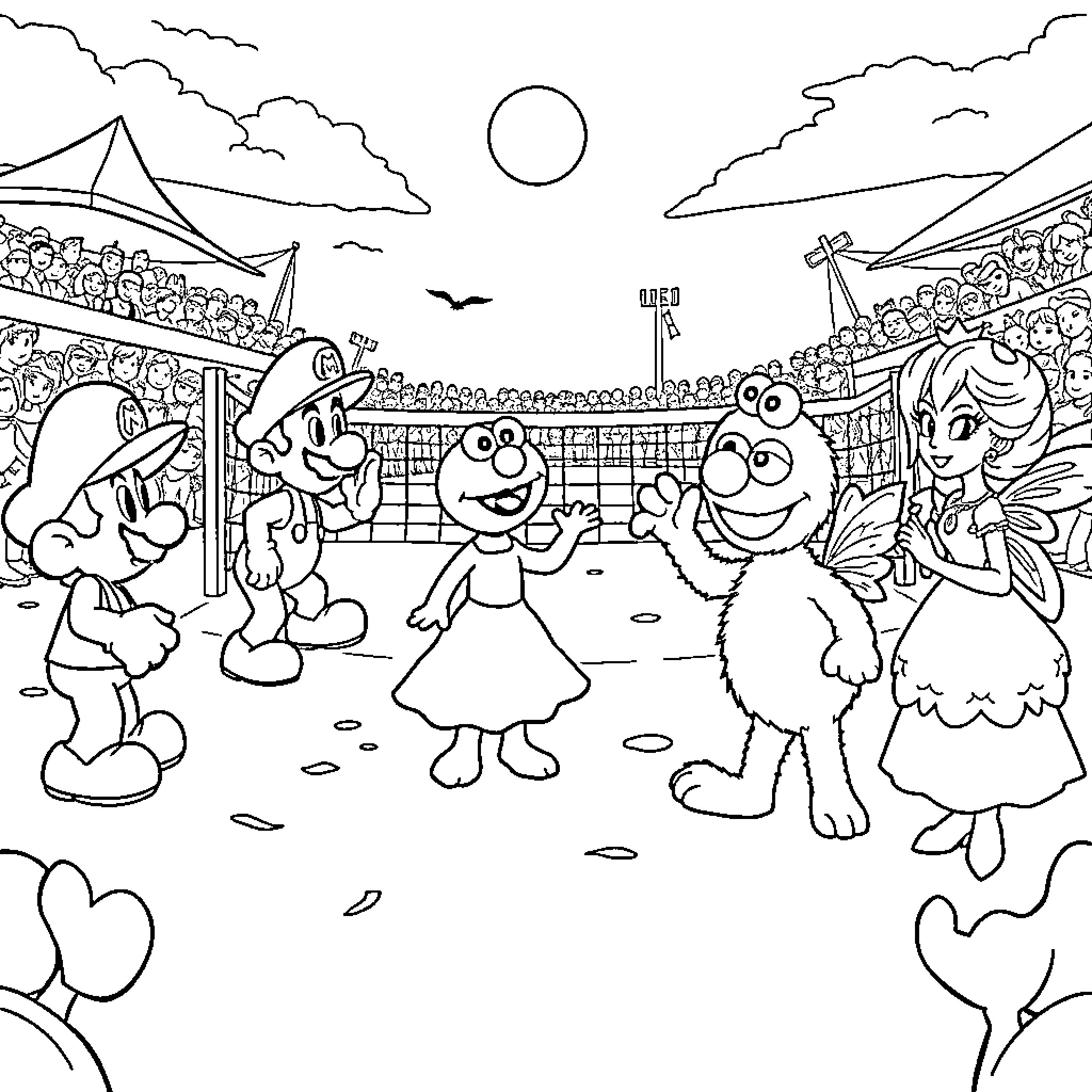 Mario and Friends Enjoying a Lively Sports Event Coloring Page (free black-and-white line drawing printable PDF for all, from beginners to advanced learners, including children, teens, adults, and seniors)