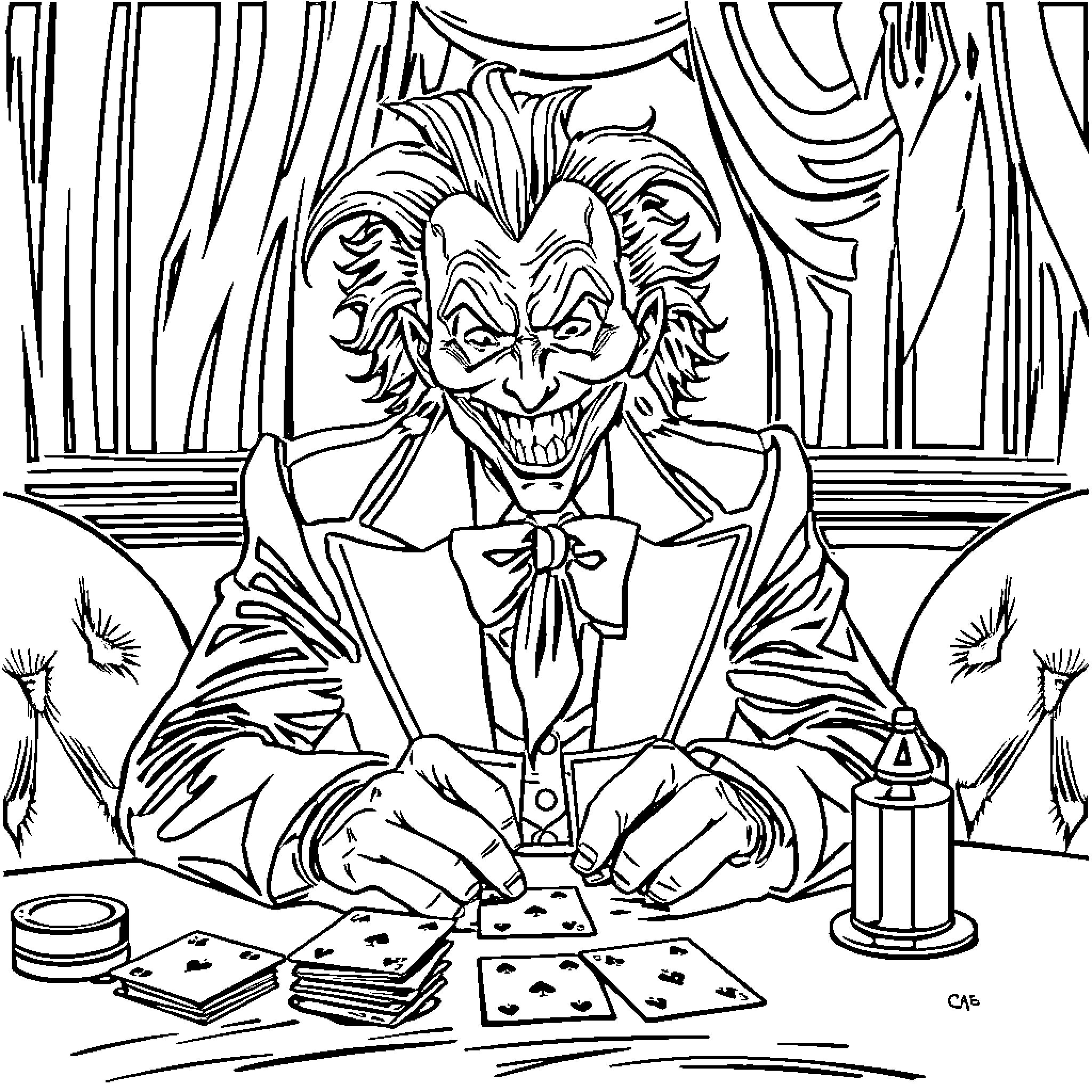Joker playing cards with sinister grin Coloring Page (free black-and-white line drawing printable PDF for all, from beginners to advanced learners, including children, teens, adults, and seniors)