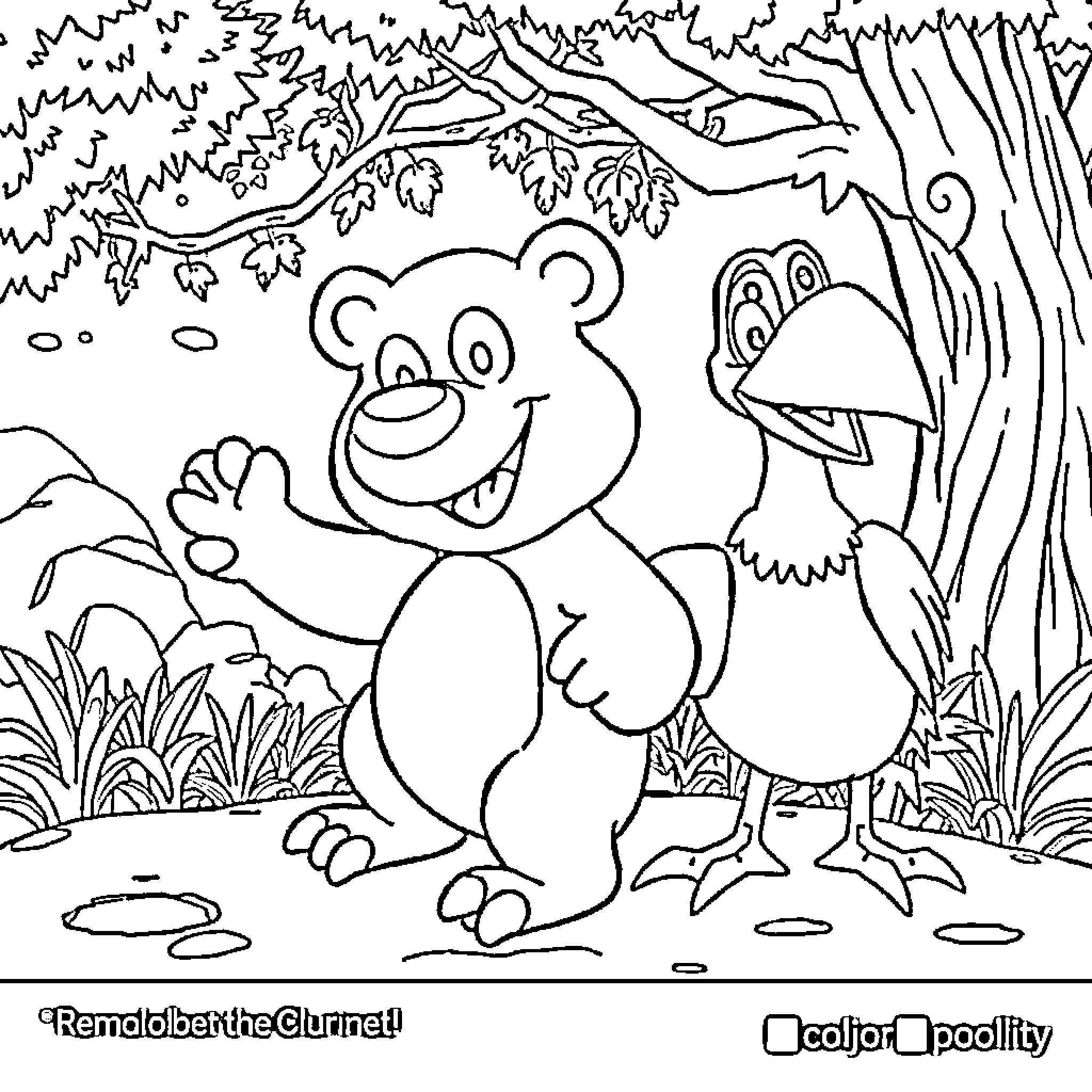 Banjo-Kazooie: Bear and Bird Friends in the Forest Coloring Page (free black-and-white line drawing printable PDF for all, from beginners to advanced learners, including children, teens, adults, and seniors)