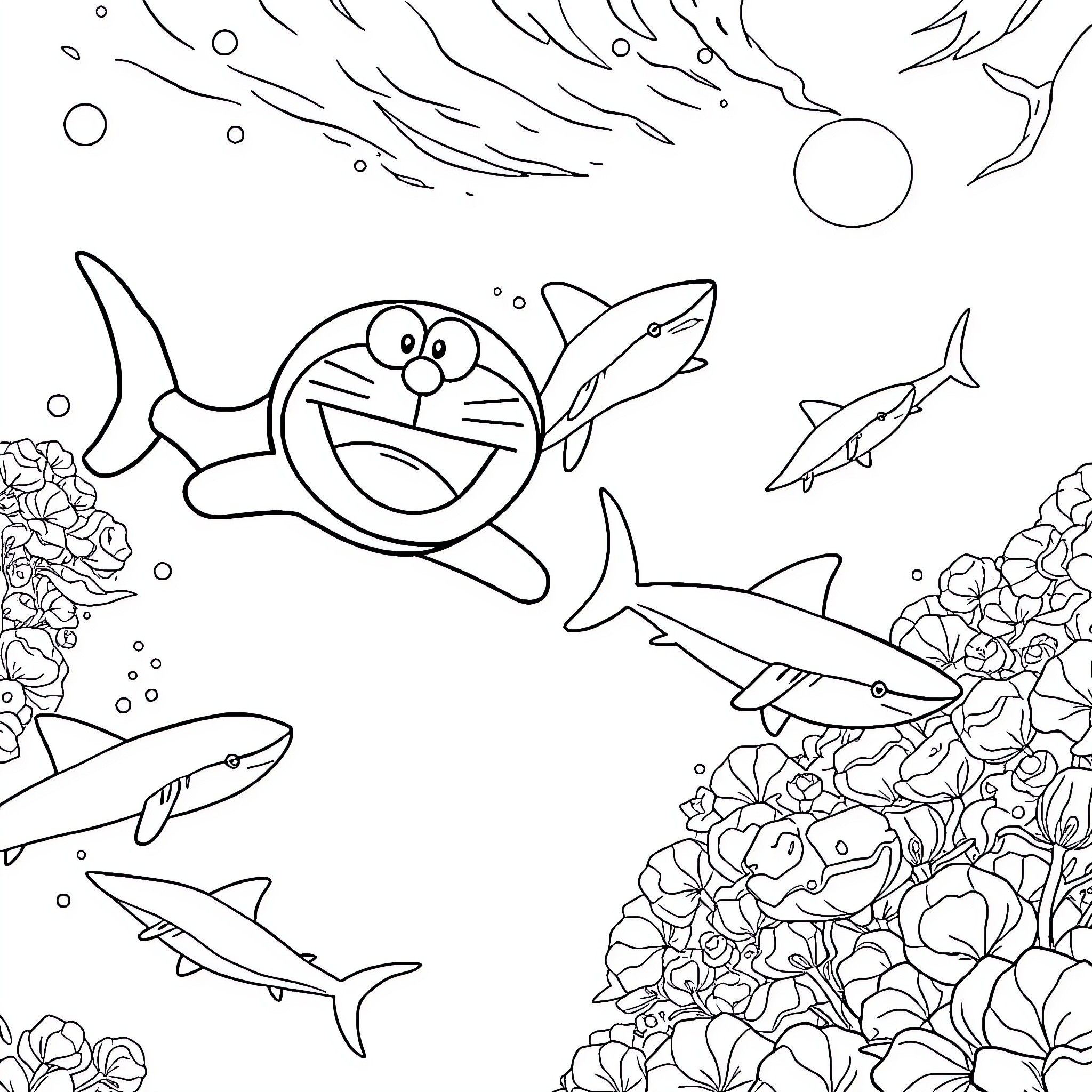 Doraemon's underwater adventure with sea creatures Coloring Page (free black-and-white line drawing printable PDF for all, from beginners to advanced learners, including children, teens, adults, and seniors)