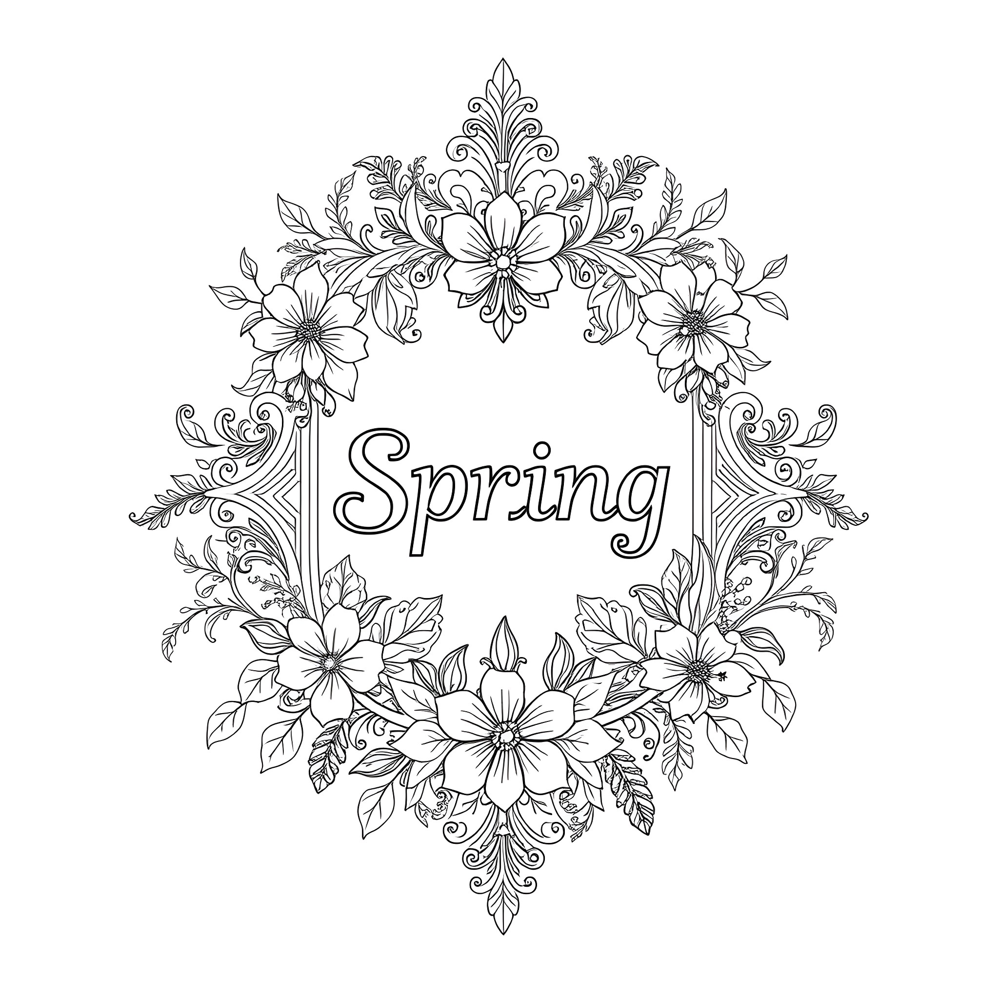 April Blooming Floral Wreath Coloring Page (free black-and-white line drawing printable PDF for all, from beginners to advanced learners, including children, teens, adults, and seniors)