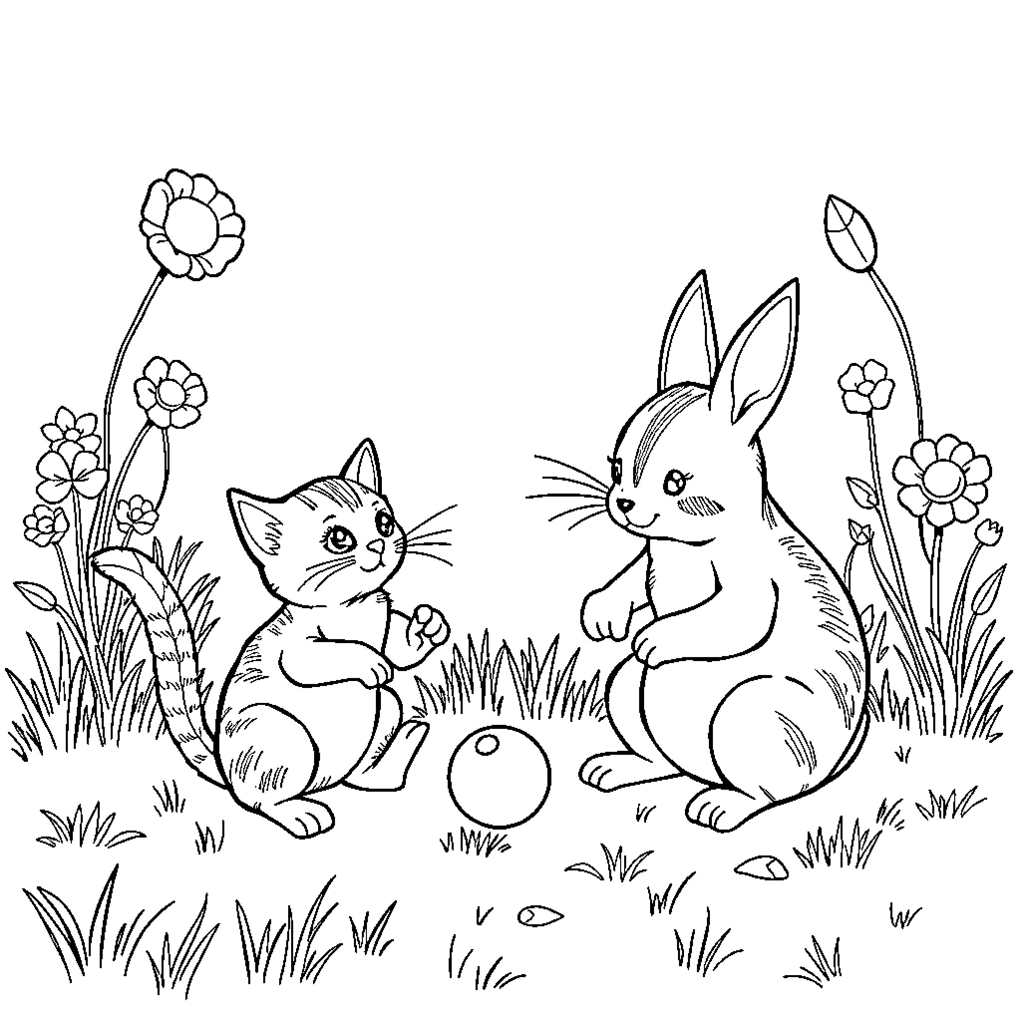 Gato and Rabbit Playing in the Meadow Coloring Page (free black-and-white line drawing printable PDF for all, from beginners to advanced learners, including children, teens, adults, and seniors)