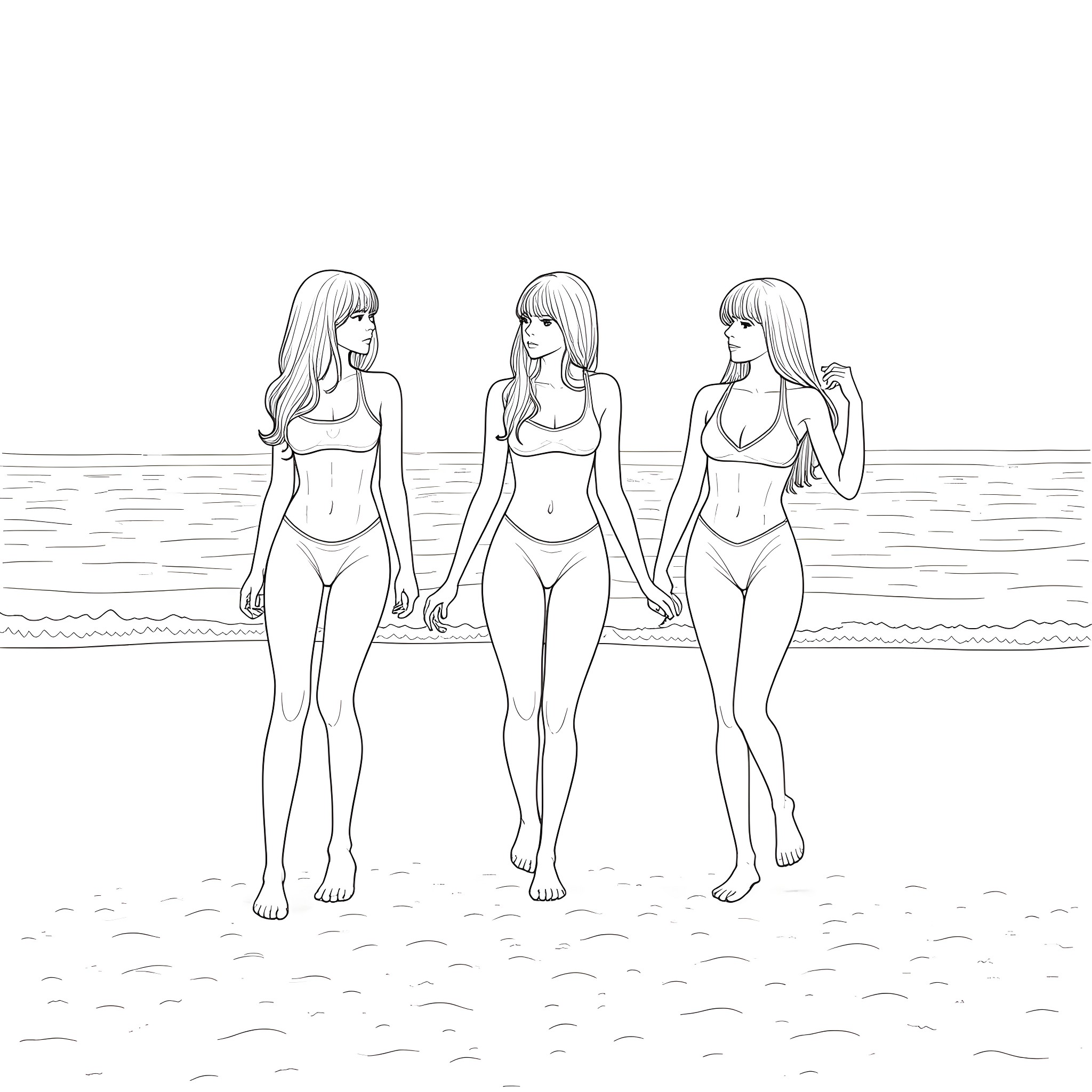 Black Pink Girls Posing on the Beach Coloring Page (free black-and-white line drawing printable PDF for all, from beginners to advanced learners, including children, teens, adults, and seniors)