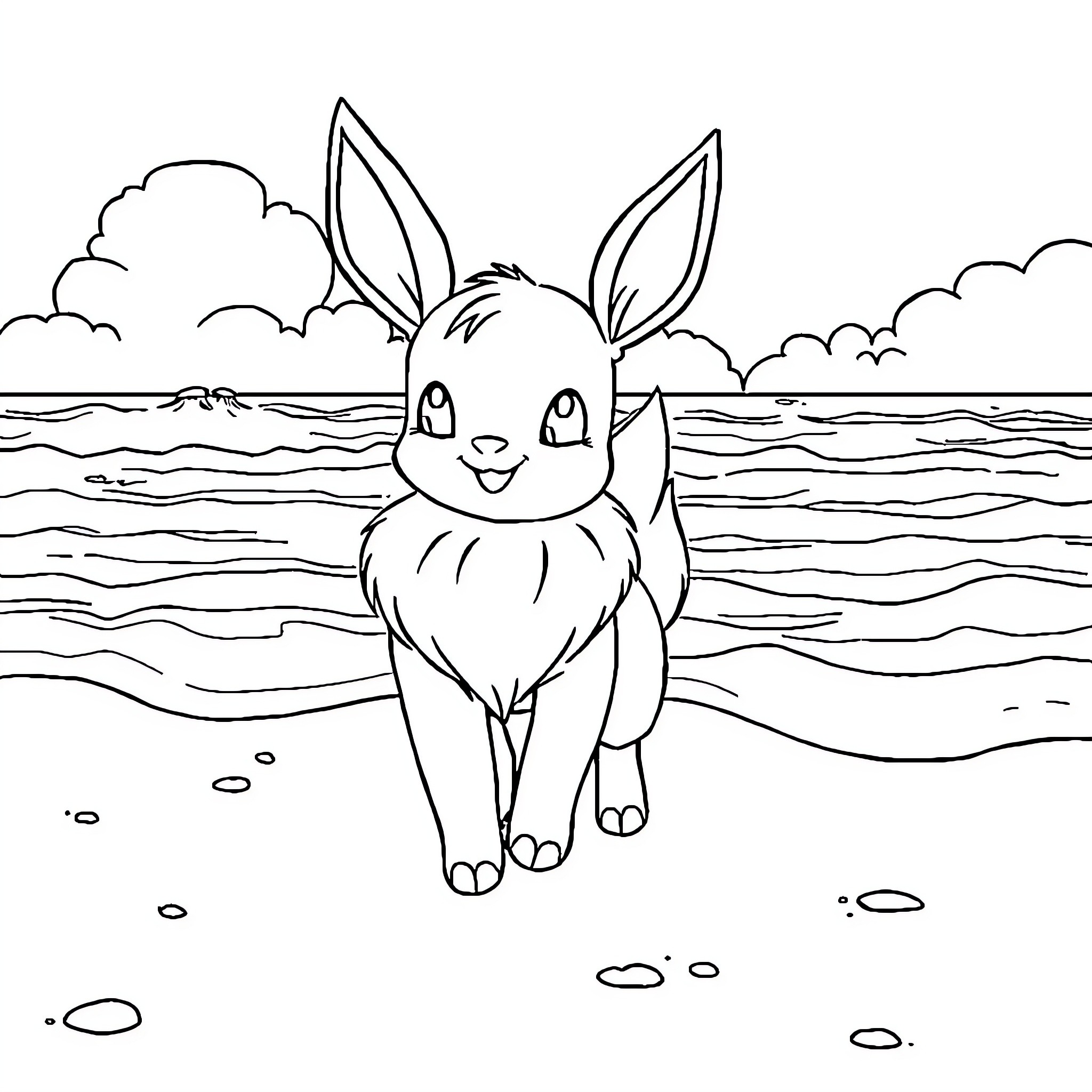 Eevee enjoying a peaceful day at the beach Coloring Page (free black-and-white line drawing printable PDF for all, from beginners to advanced learners, including children, teens, adults, and seniors)