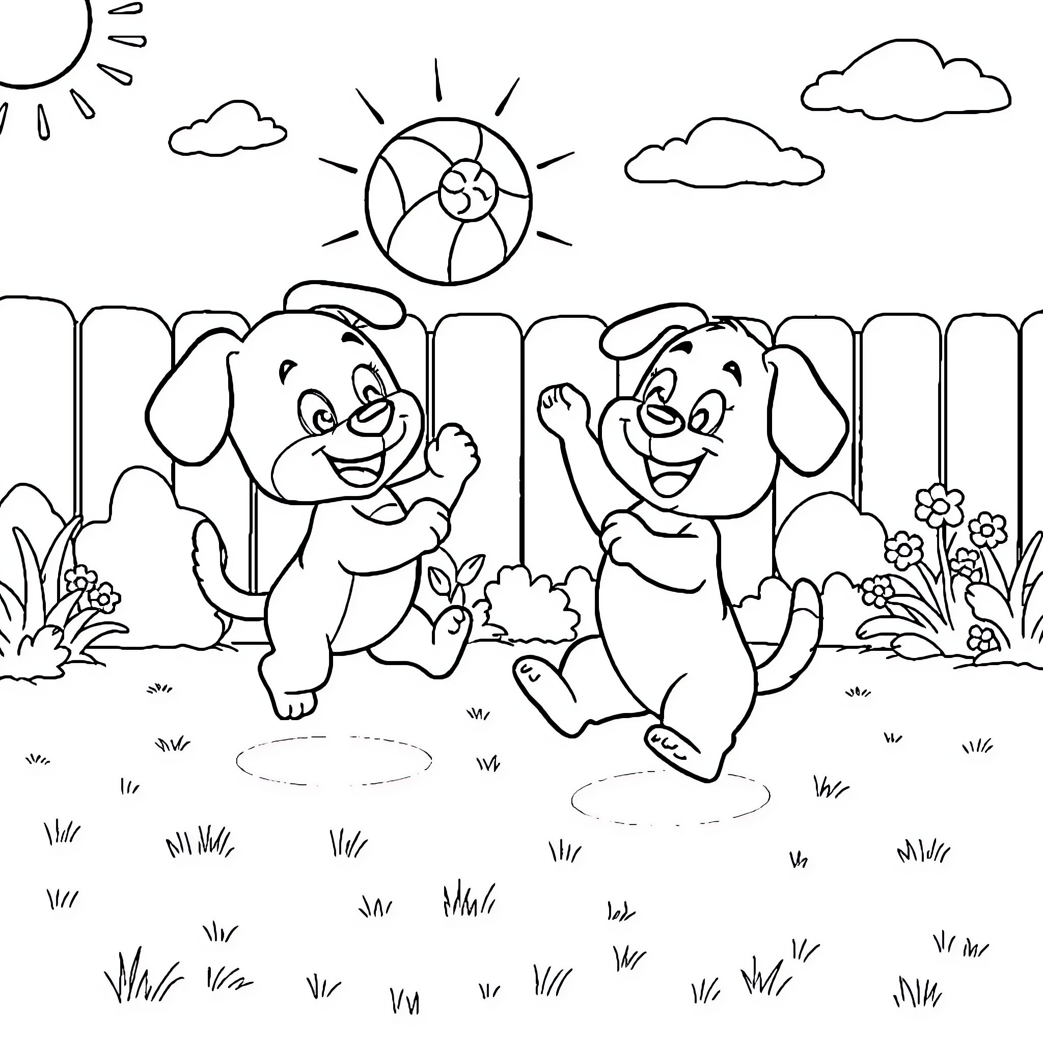 Bluey and friends playing happily outdoors Coloring Page (free black-and-white line drawing printable PDF for all, from beginners to advanced learners, including children, teens, adults, and seniors)