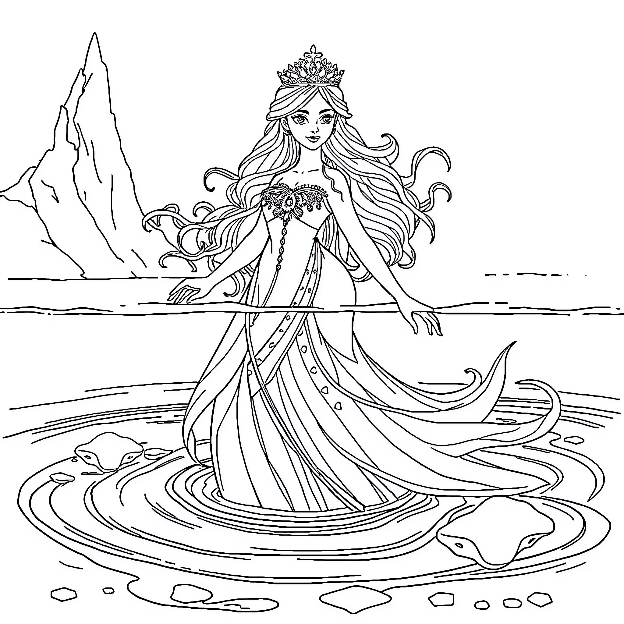 Siren with flowing gown in enchanting oceanic scene Coloring Page (free black-and-white line drawing printable PDF for all, from beginners to advanced learners, including children, teens, adults, and seniors)