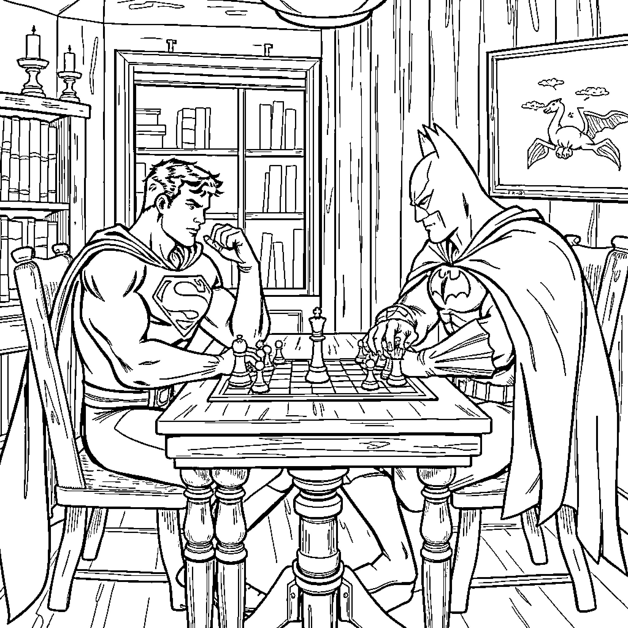 Superman and Batman playing chess in the study Coloring Page (free black-and-white line drawing printable PDF for all, from beginners to advanced learners, including children, teens, adults, and seniors)