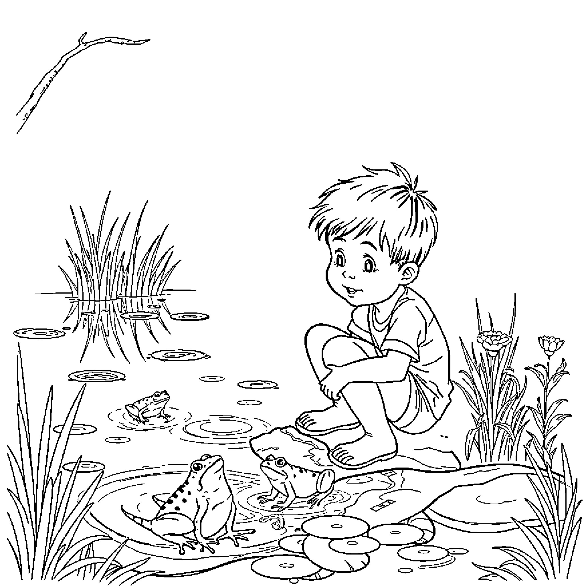 Boy plays with frogs by the pond Coloring Page (free black-and-white line drawing printable PDF for all, from beginners to advanced learners, including children, teens, adults, and seniors)
