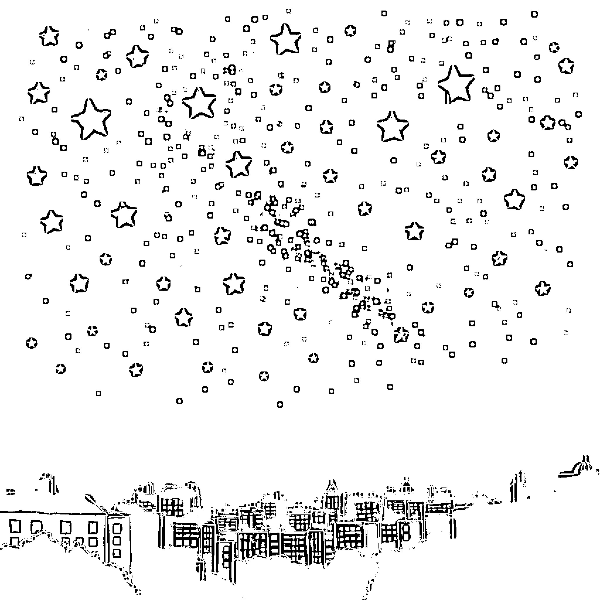 Night Sparkles and Silhouetted City Coloring Page (free black-and-white line drawing printable PDF for all, from beginners to advanced learners, including children, teens, adults, and seniors)