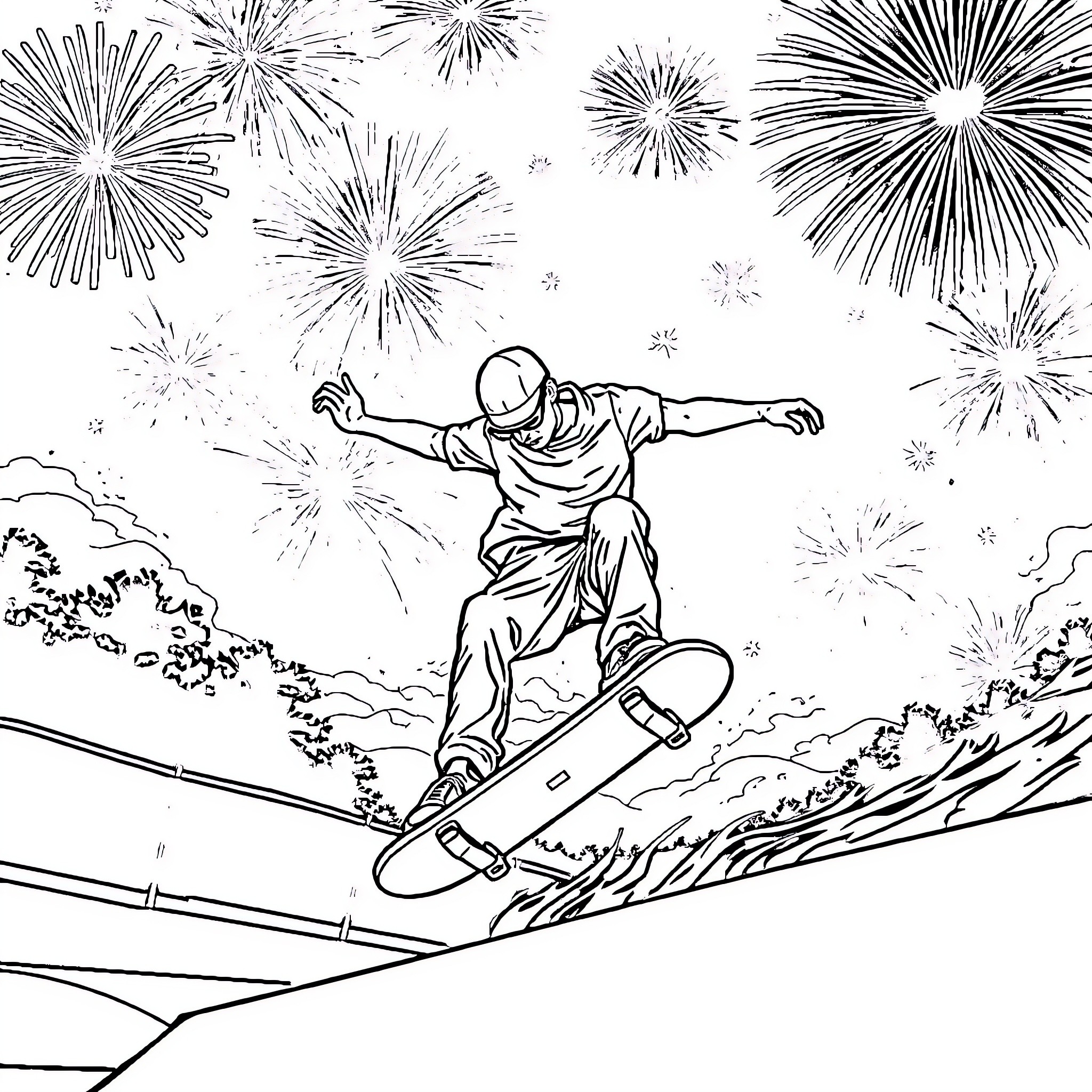Skate through Fireworks Celebration Coloring Page (free black-and-white line drawing printable PDF for all, from beginners to advanced learners, including children, teens, adults, and seniors)
