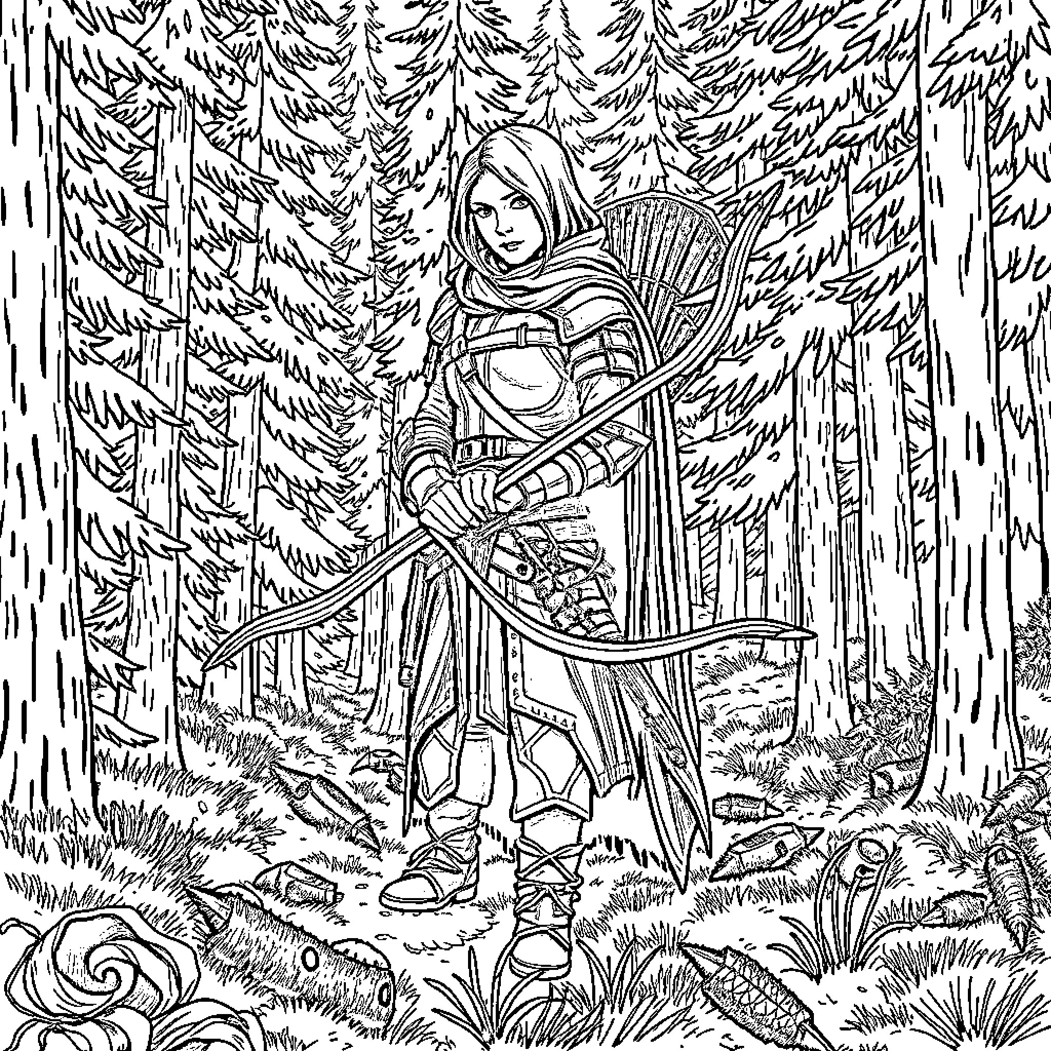 Rogue Adventurer in the Enchanted Forest Coloring Page (free black-and-white line drawing printable PDF for all, from beginners to advanced learners, including children, teens, adults, and seniors)