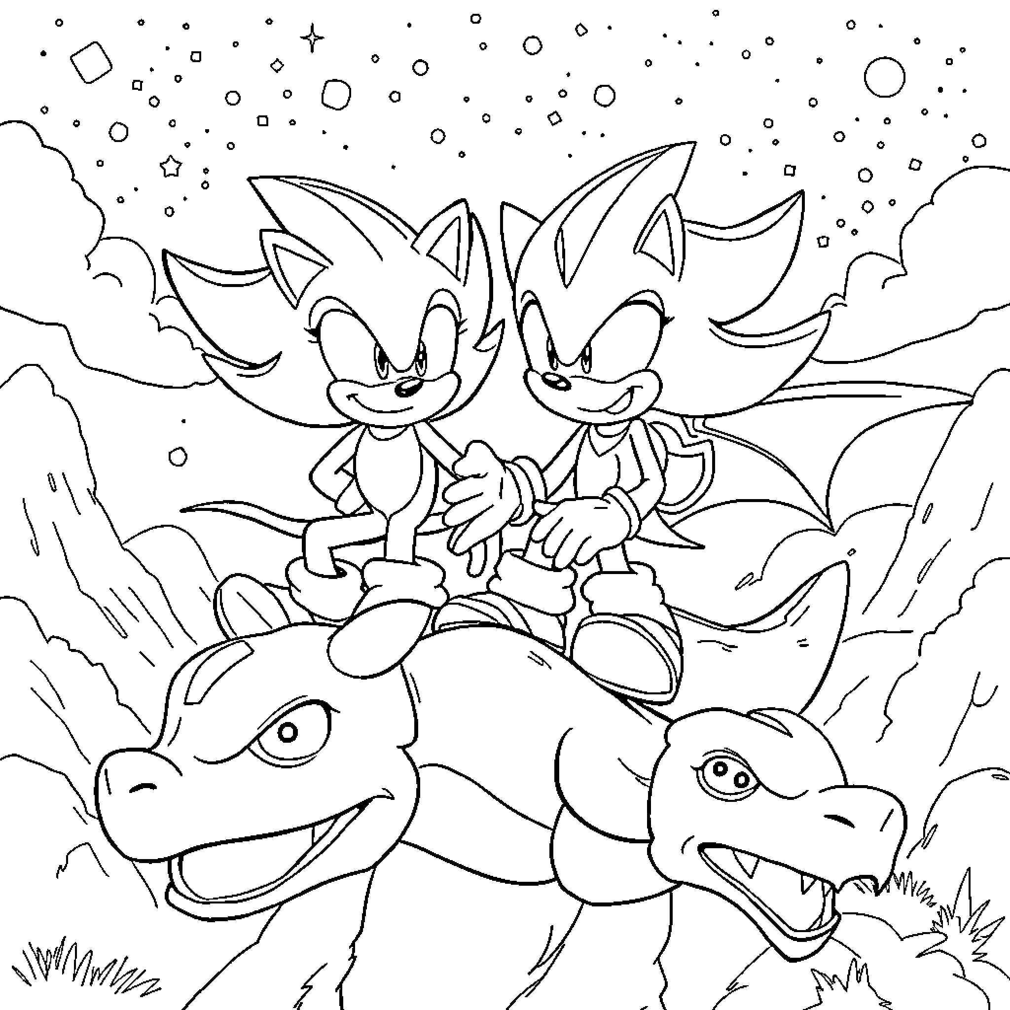 Sonic Heroes Soar Through Starry Skies Coloring Page (free black-and-white line drawing printable PDF for all, from beginners to advanced learners, including children, teens, adults, and seniors)