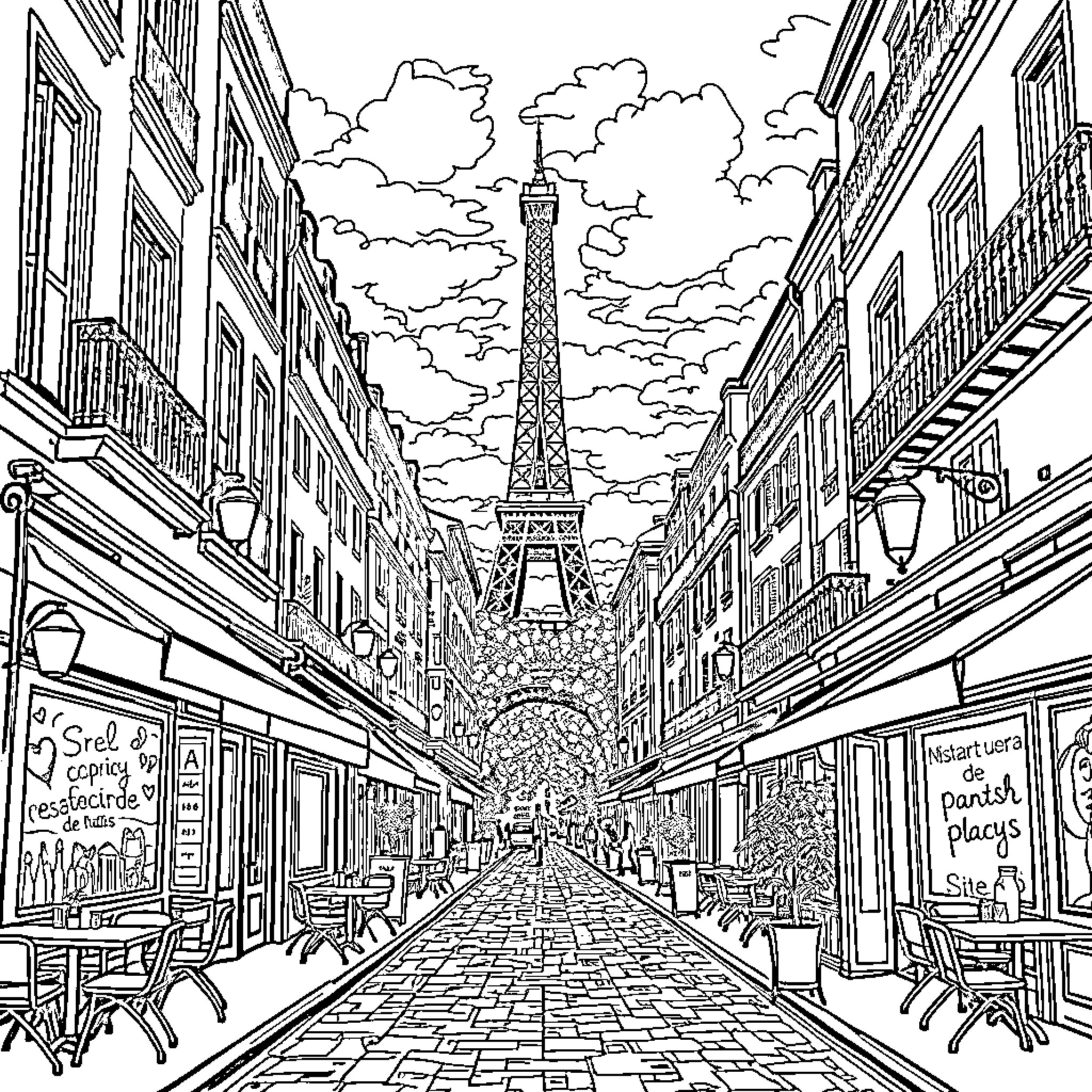 Paris streets bustling with charming cafes and the iconic Eiffel Tower Coloring Page (free black-and-white line drawing printable PDF for all, from beginners to advanced learners, including children, teens, adults, and seniors)