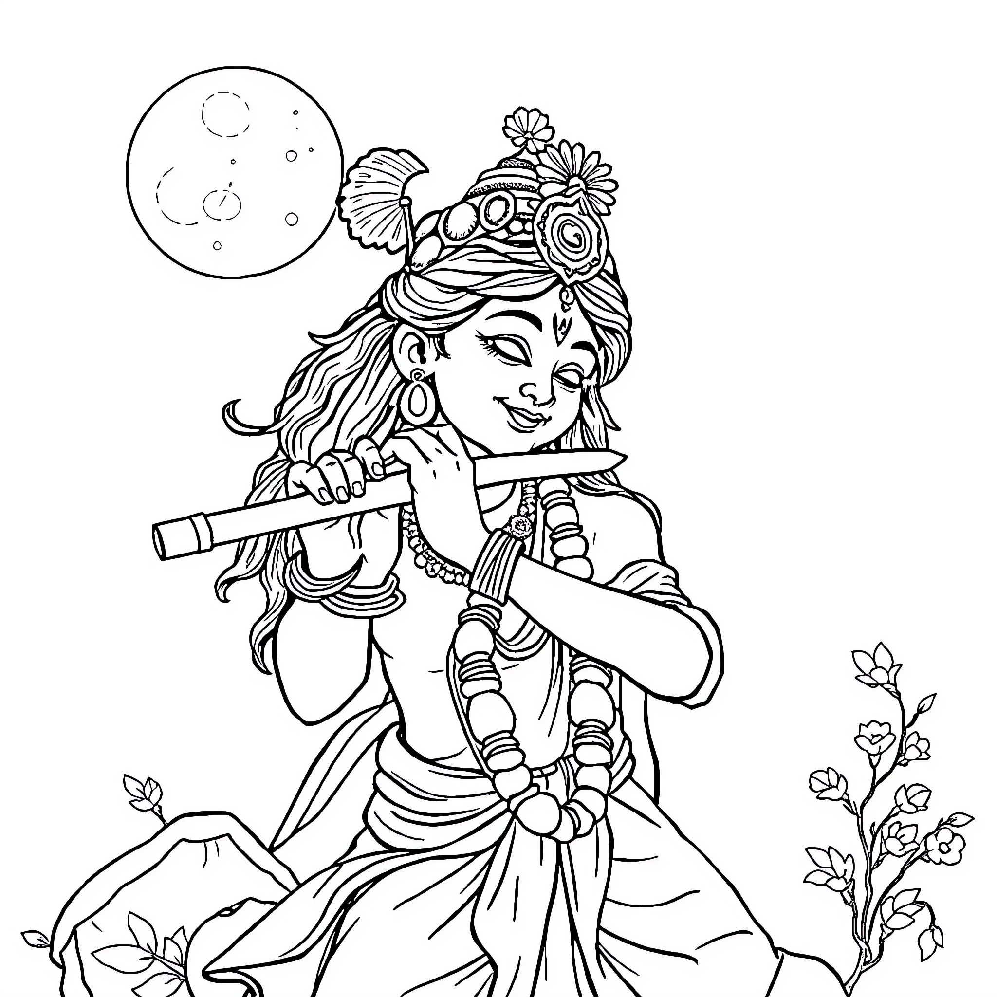 Krishna playing the flute amidst flowers Coloring Page (free black-and-white line drawing printable PDF for all, from beginners to advanced learners, including children, teens, adults, and seniors)
