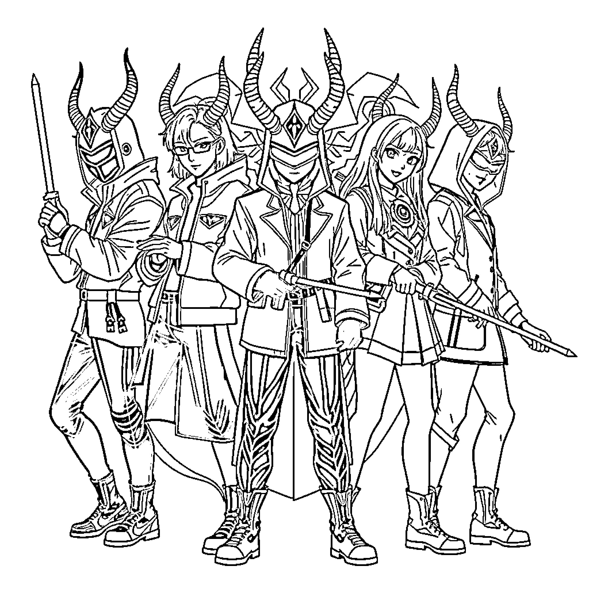 Demon Hunters Wielding Powerful Weapons and Armor Coloring Page (free black-and-white line drawing printable PDF for all, from beginners to advanced learners, including children, teens, adults, and seniors)