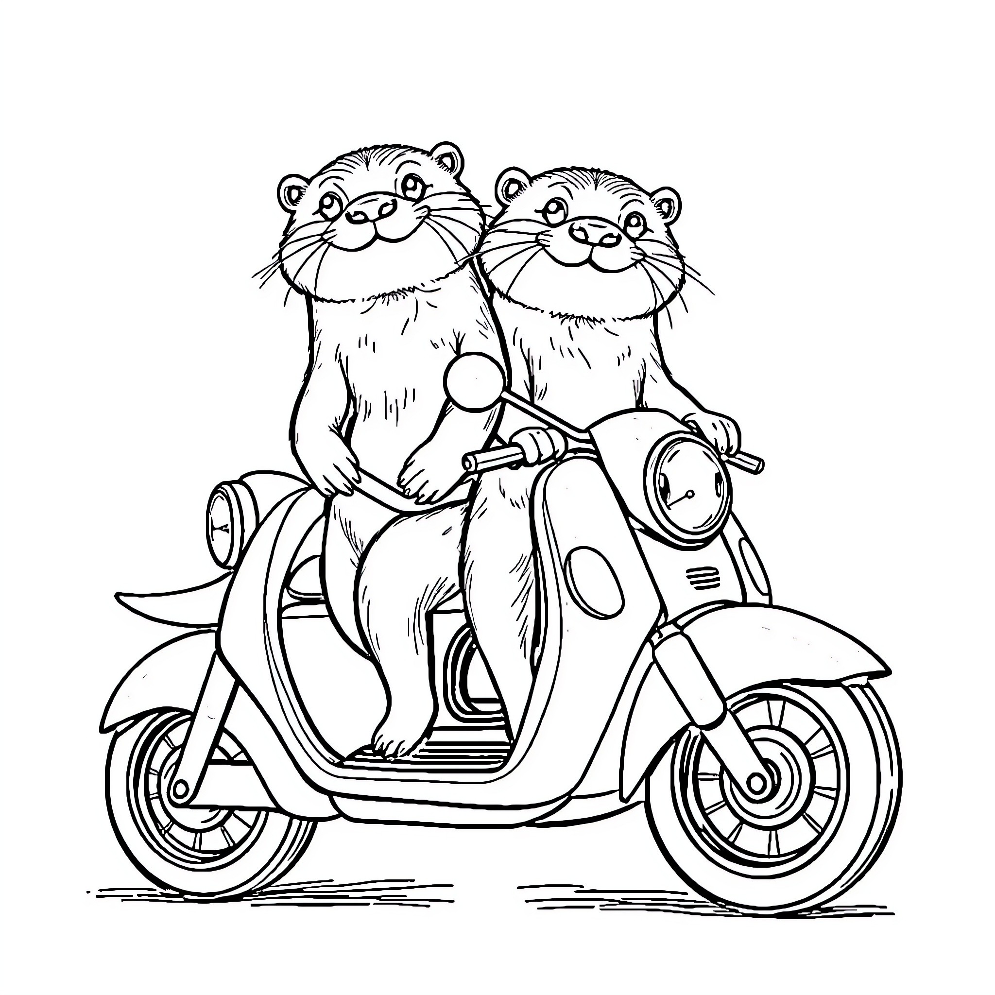 Otter couple enjoying a scooter ride Coloring Page (free black-and-white line drawing printable PDF for all, from beginners to advanced learners, including children, teens, adults, and seniors)