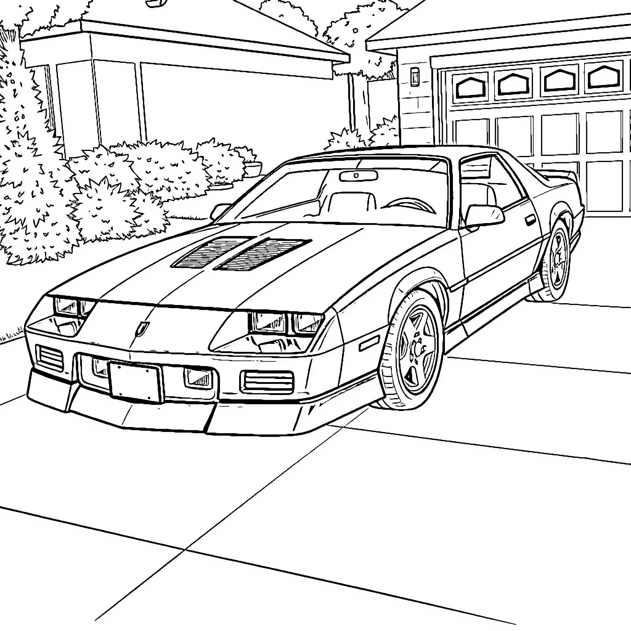 Camaro parked in front of residential house Coloring Page (free black-and-white line drawing printable PDF for all, from beginners to advanced learners, including children, teens, adults, and seniors)