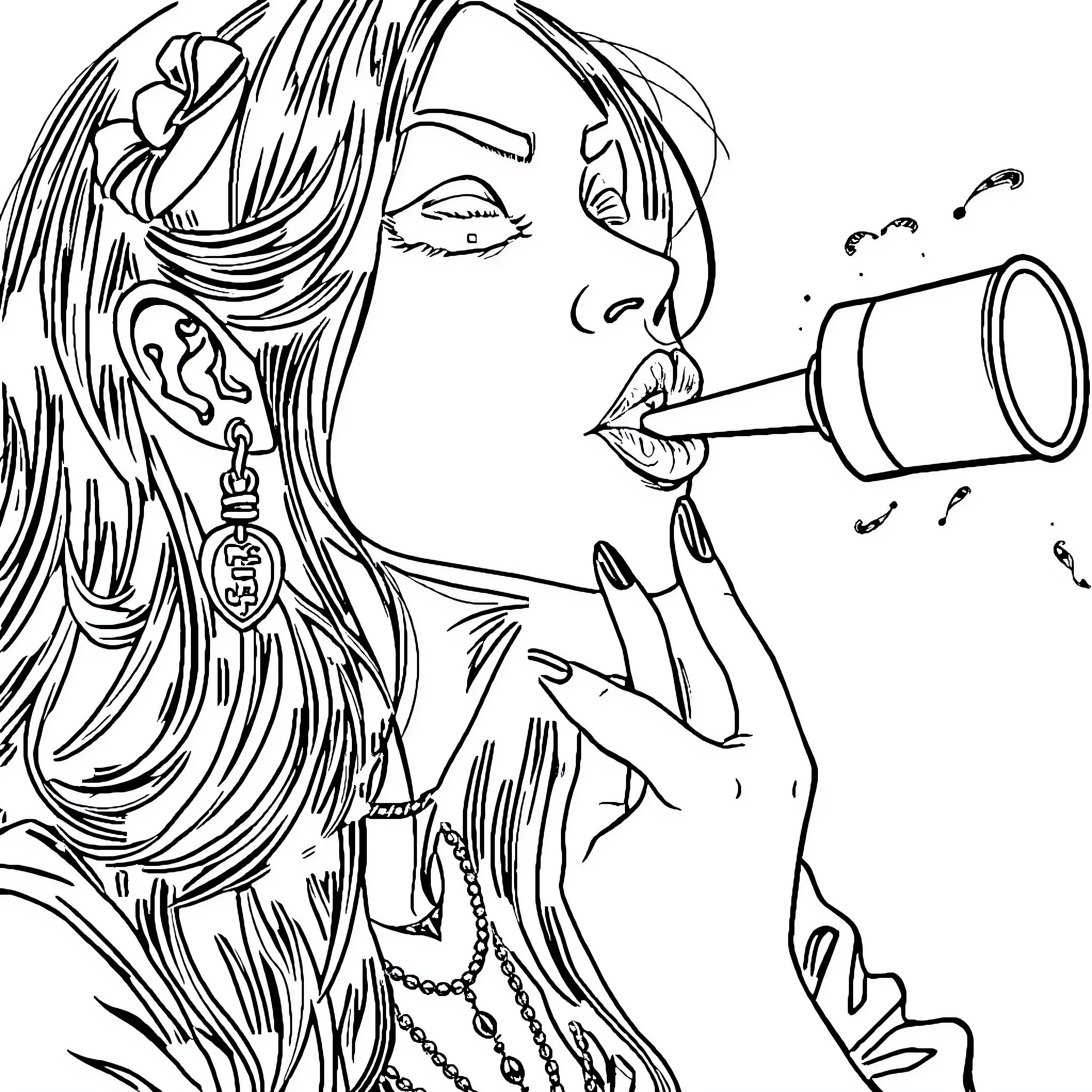 Girl blowing bubble with coffee mug Coloring Page (free black-and-white line drawing printable PDF for all, from beginners to advanced learners, including children, teens, adults, and seniors)